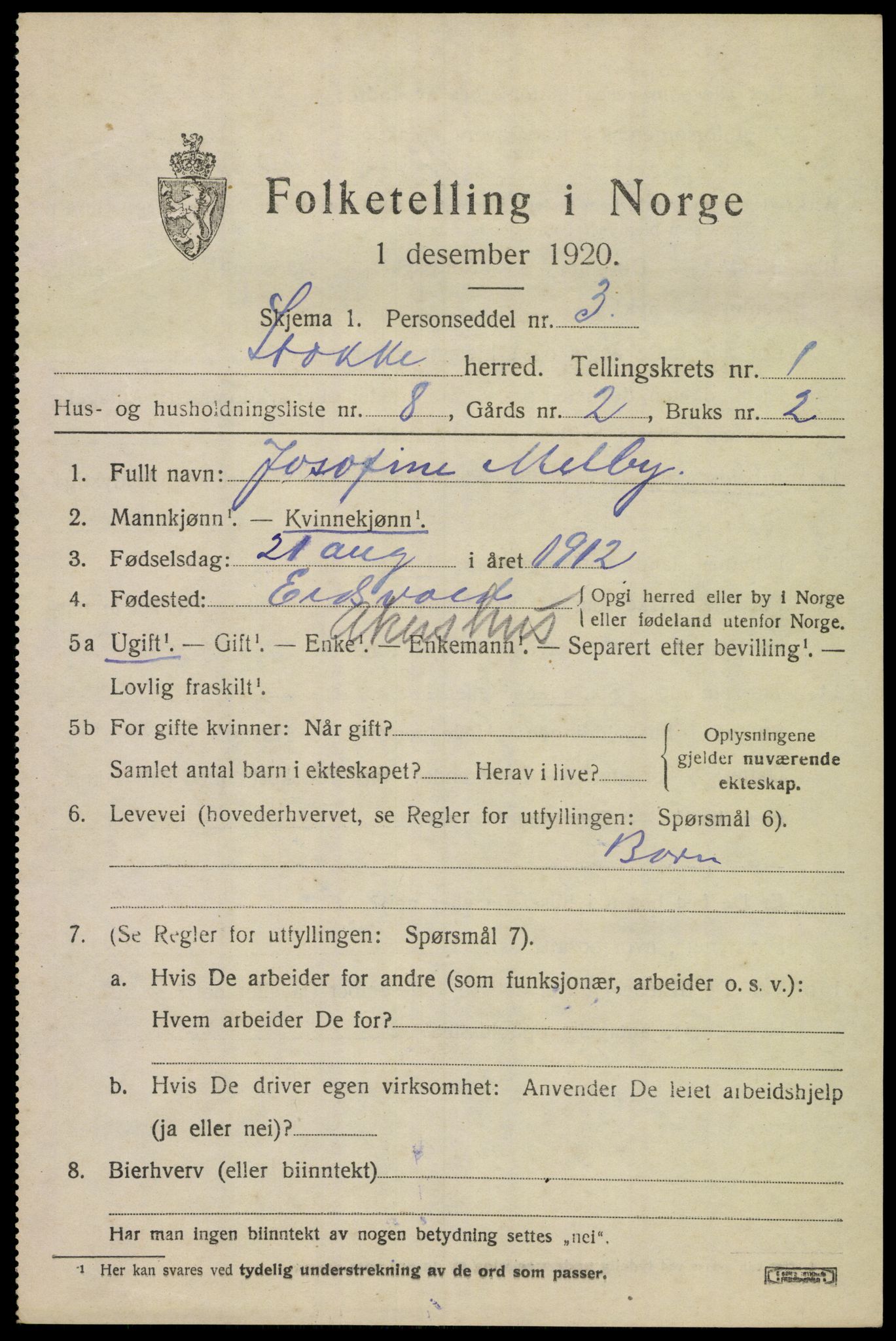 SAKO, 1920 census for Stokke, 1920, p. 2102