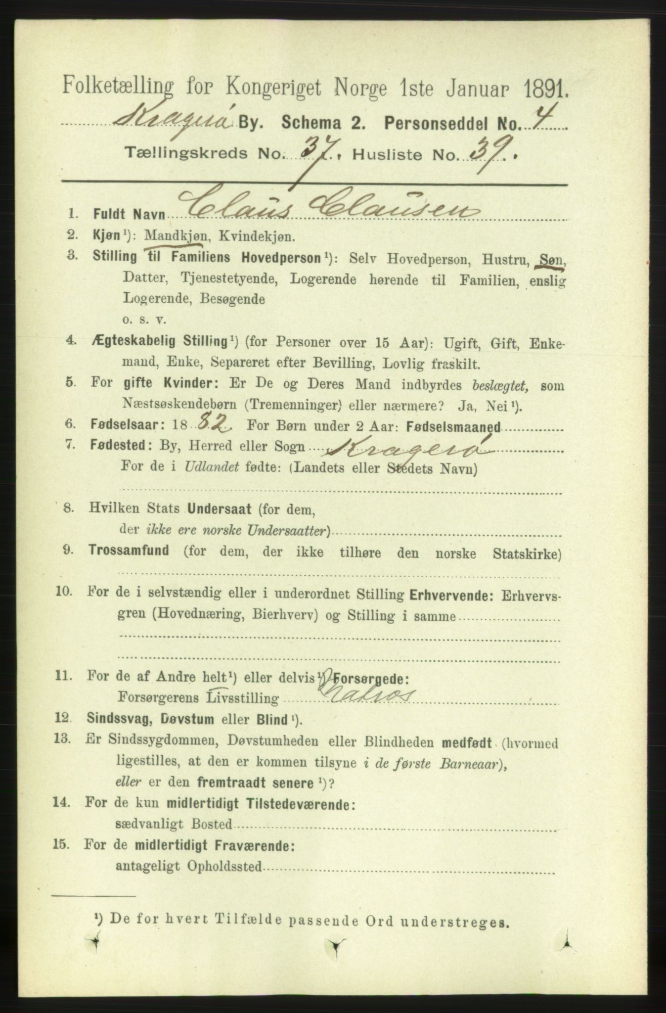 RA, 1891 census for 0801 Kragerø, 1891, p. 7012