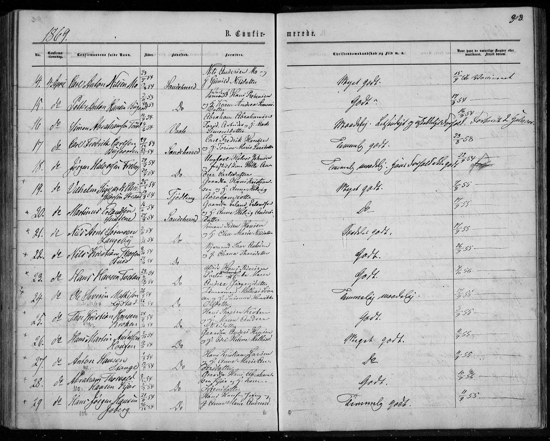 Sandar kirkebøker, SAKO/A-243/F/Fa/L0008: Parish register (official) no. 8, 1862-1871, p. 303