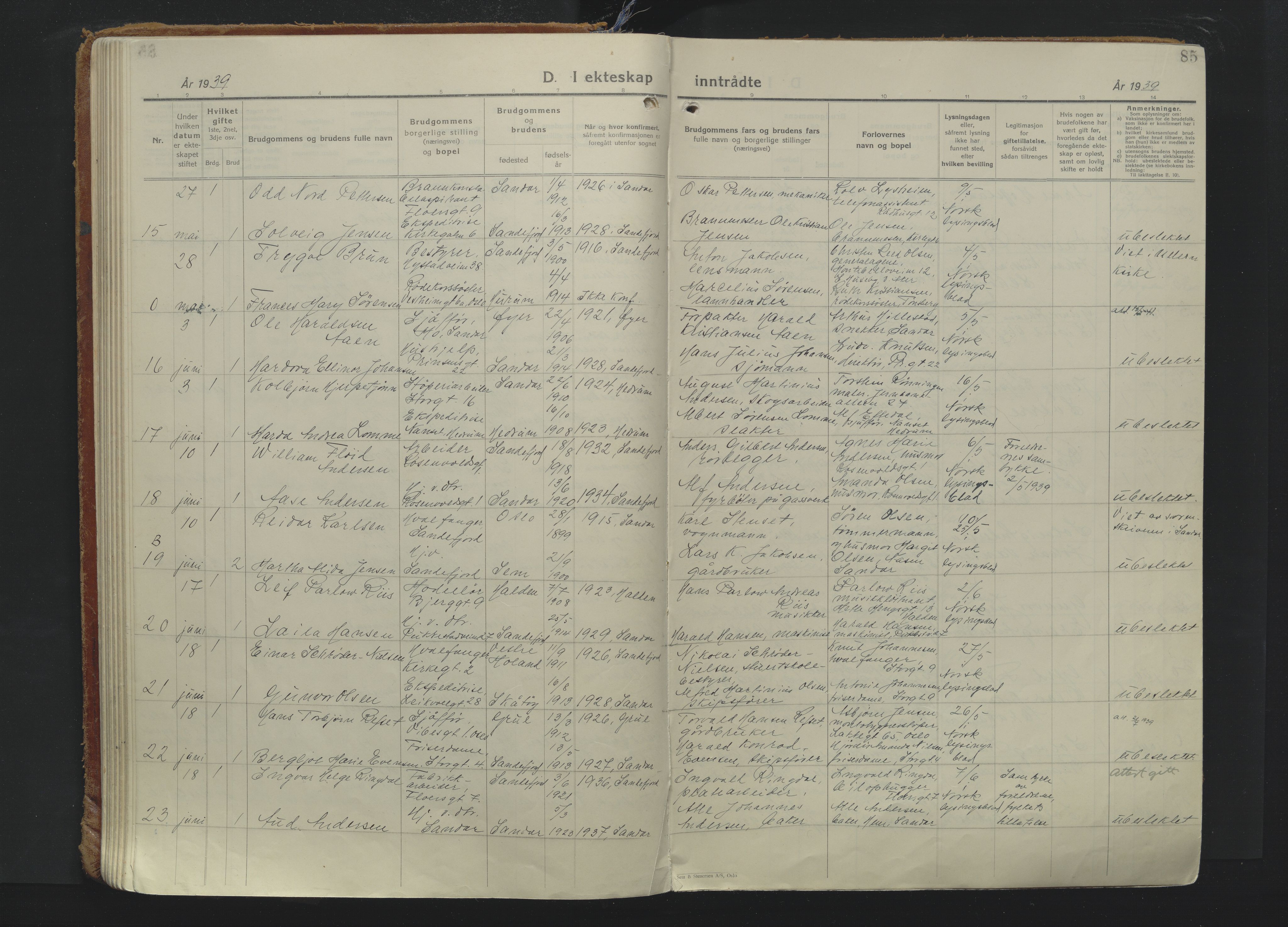 Sandefjord kirkebøker, SAKO/A-315/F/Fa/L0009: Parish register (official) no. 9, 1926-1945, p. 85