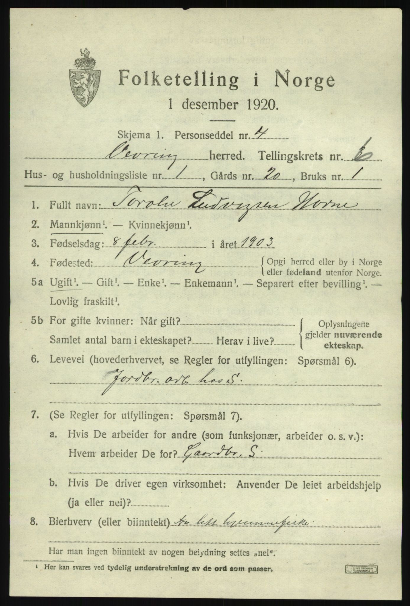 SAB, 1920 census for Vevring, 1920, p. 1550