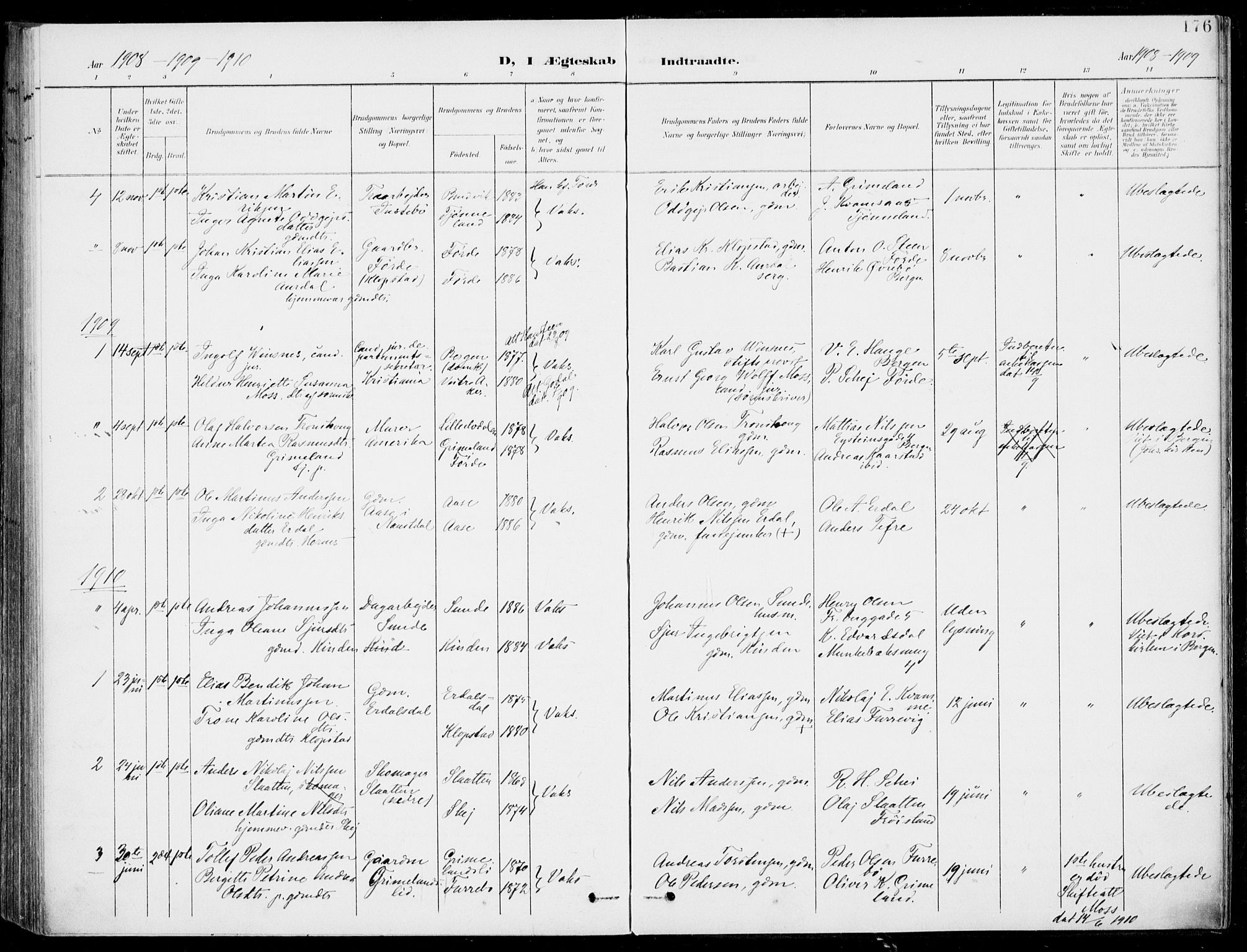 Førde sokneprestembete, SAB/A-79901/H/Haa/Haab/L0002: Parish register (official) no. B  2, 1899-1920, p. 176