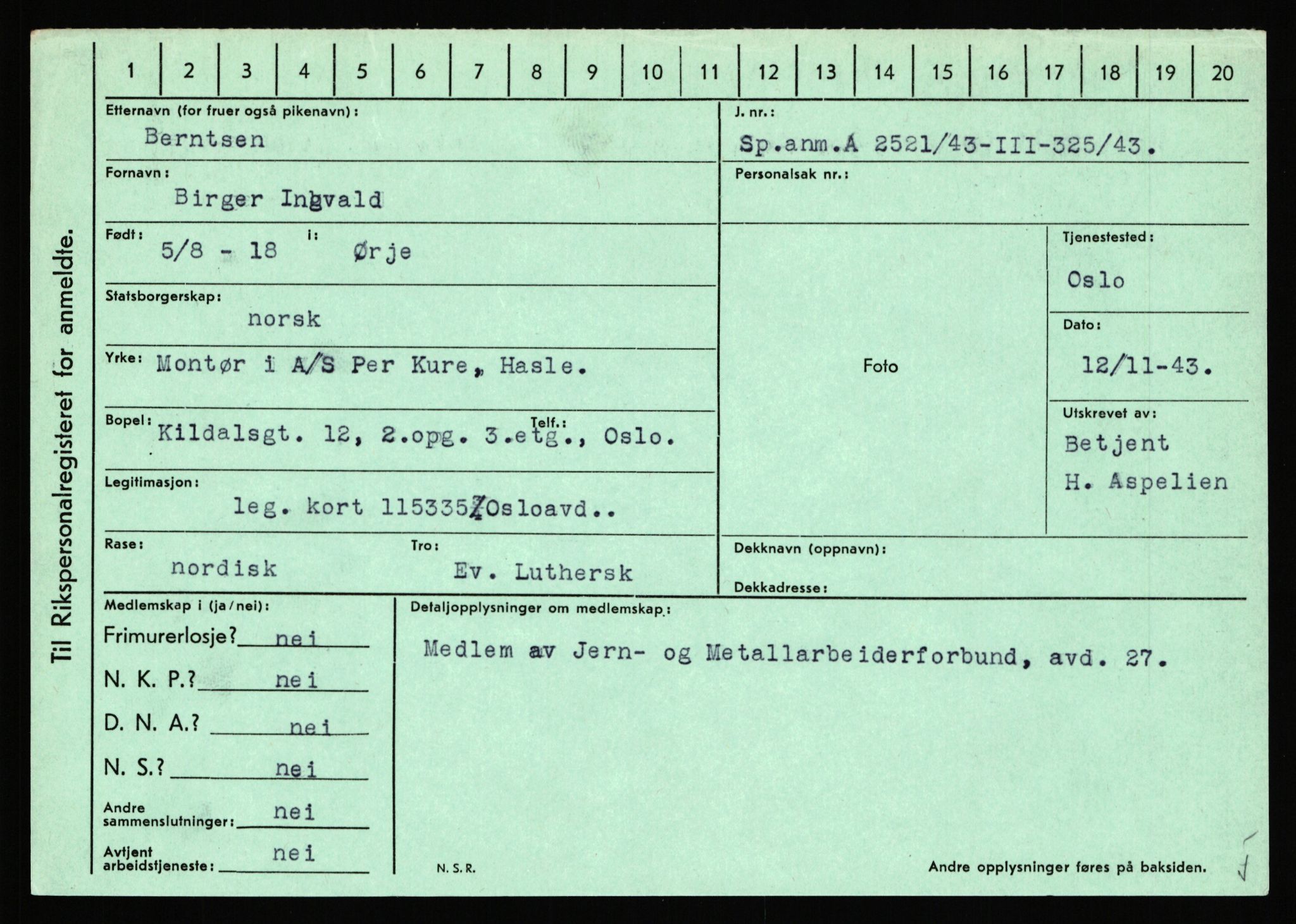 Statspolitiet - Hovedkontoret / Osloavdelingen, AV/RA-S-1329/C/Ca/L0002: Arneberg - Brand, 1943-1945, p. 2989