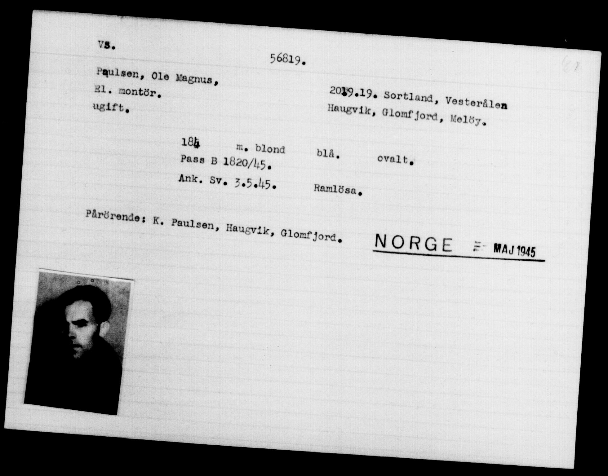 Utenriksstasjonene, Legasjonen i Stockholm, Flyktningkontoret, AV/RA-S-6753/V/Va/L0020: Kjesäterkartoteket, flyktninger med registreringsnr. 55000-58245, 1940-1945, p. 1819