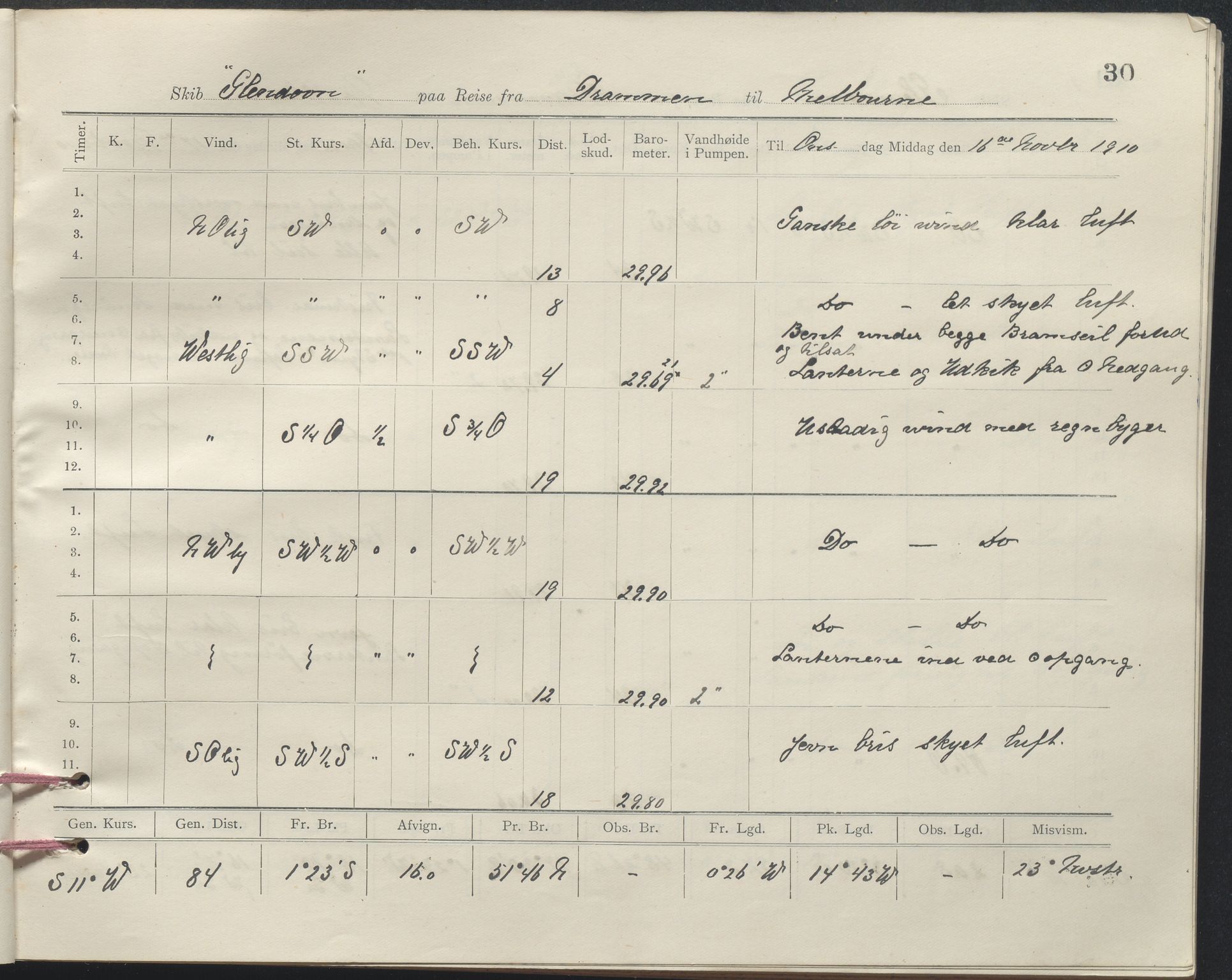 , PA-1348 Mathiesen, Erik Martinius; logbok Glendoon 1910-1911, 1910-1911, p. 30