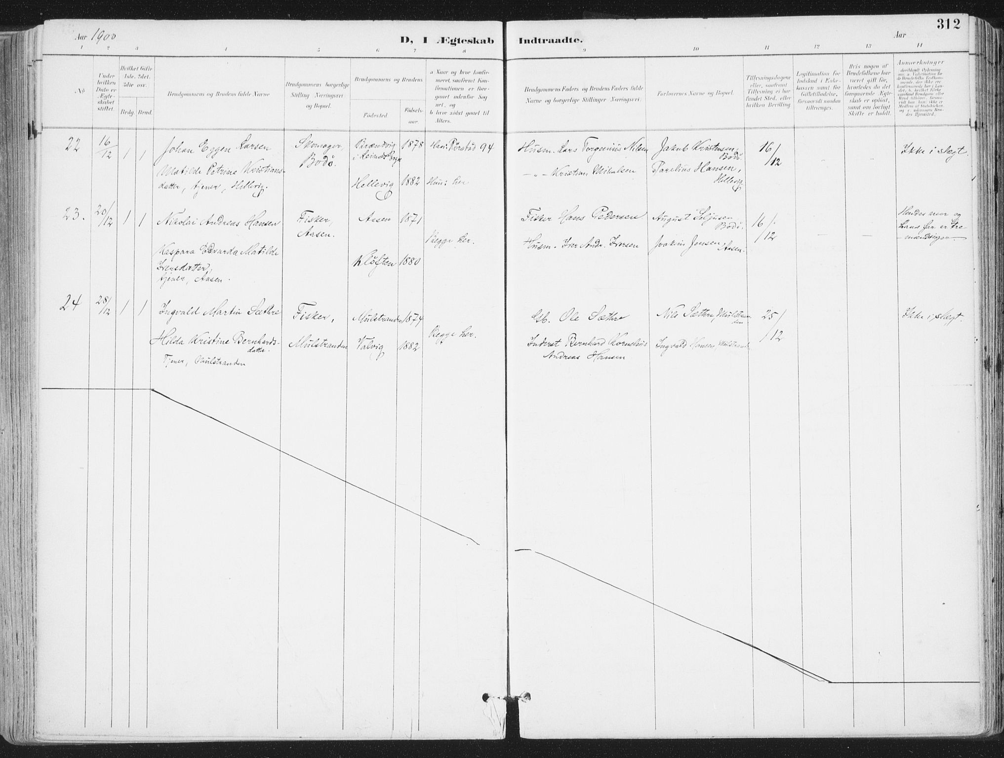 Ministerialprotokoller, klokkerbøker og fødselsregistre - Nordland, SAT/A-1459/802/L0055: Parish register (official) no. 802A02, 1894-1915, p. 312