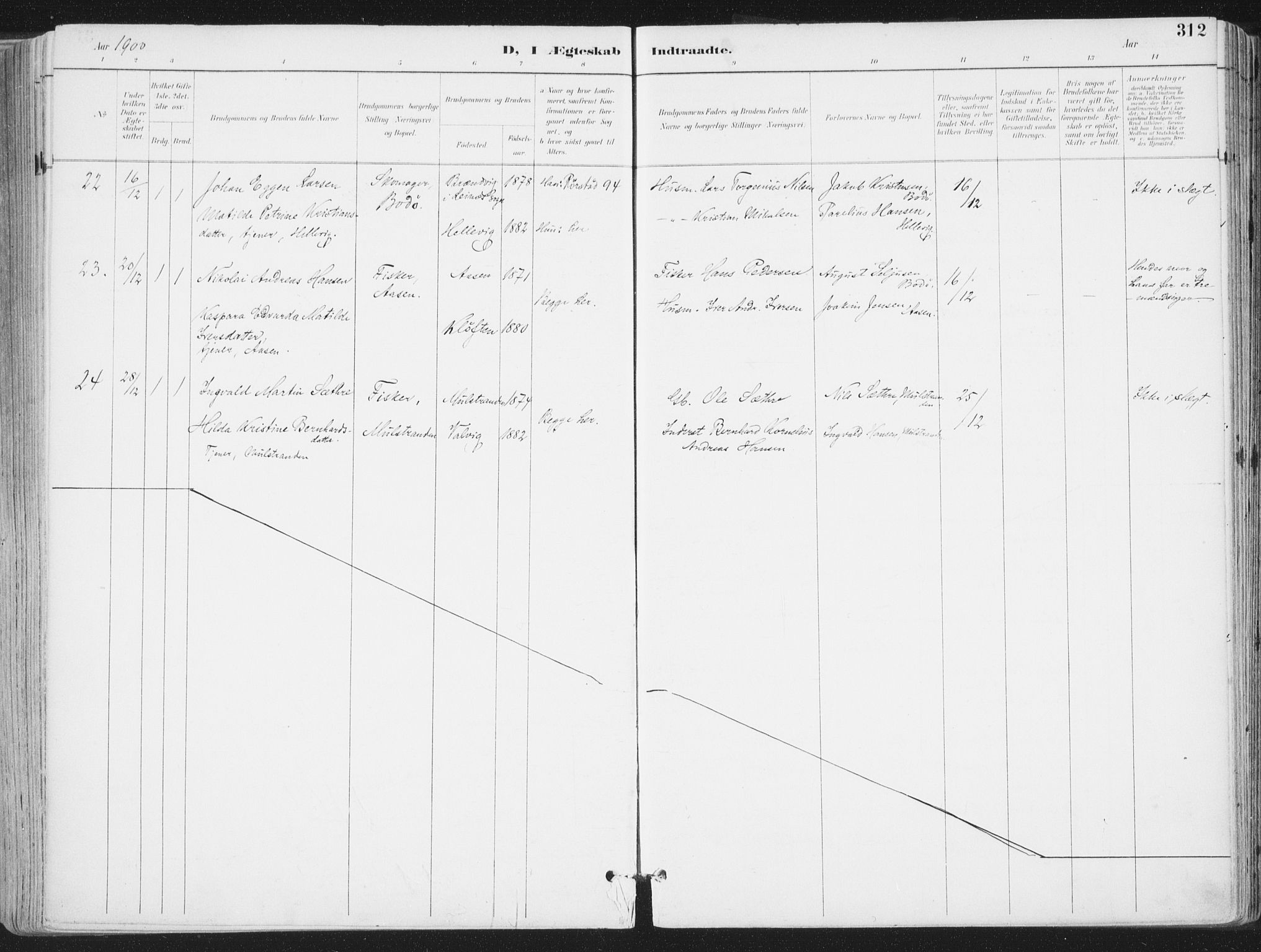 Ministerialprotokoller, klokkerbøker og fødselsregistre - Nordland, AV/SAT-A-1459/802/L0055: Parish register (official) no. 802A02, 1894-1915, p. 312