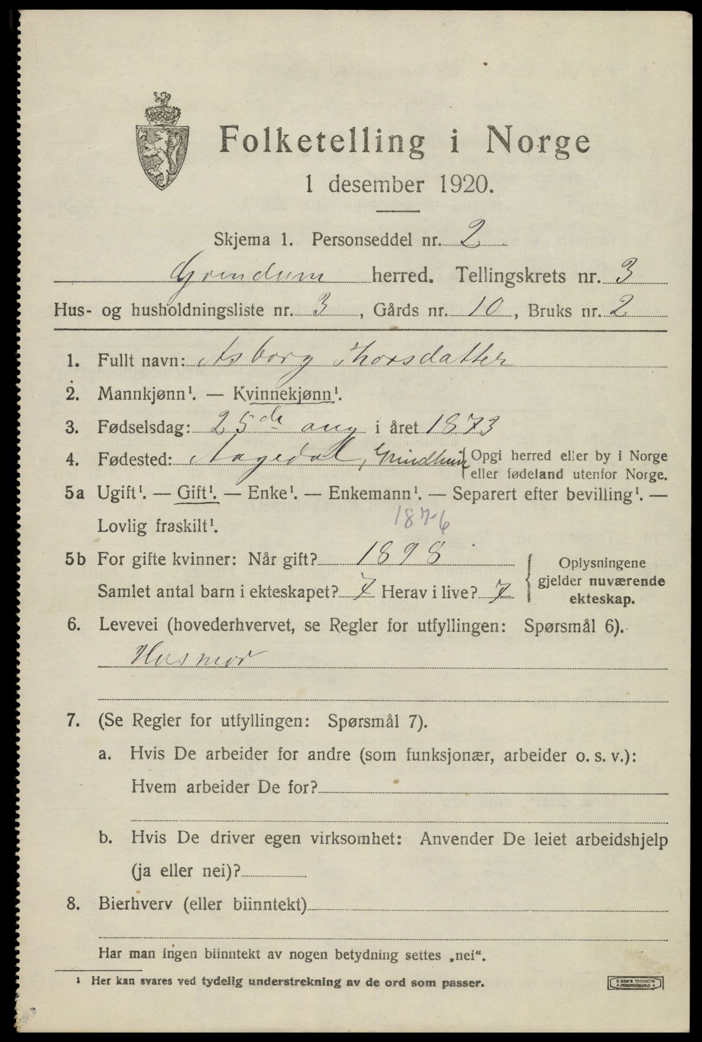 SAK, 1920 census for Grindheim, 1920, p. 913