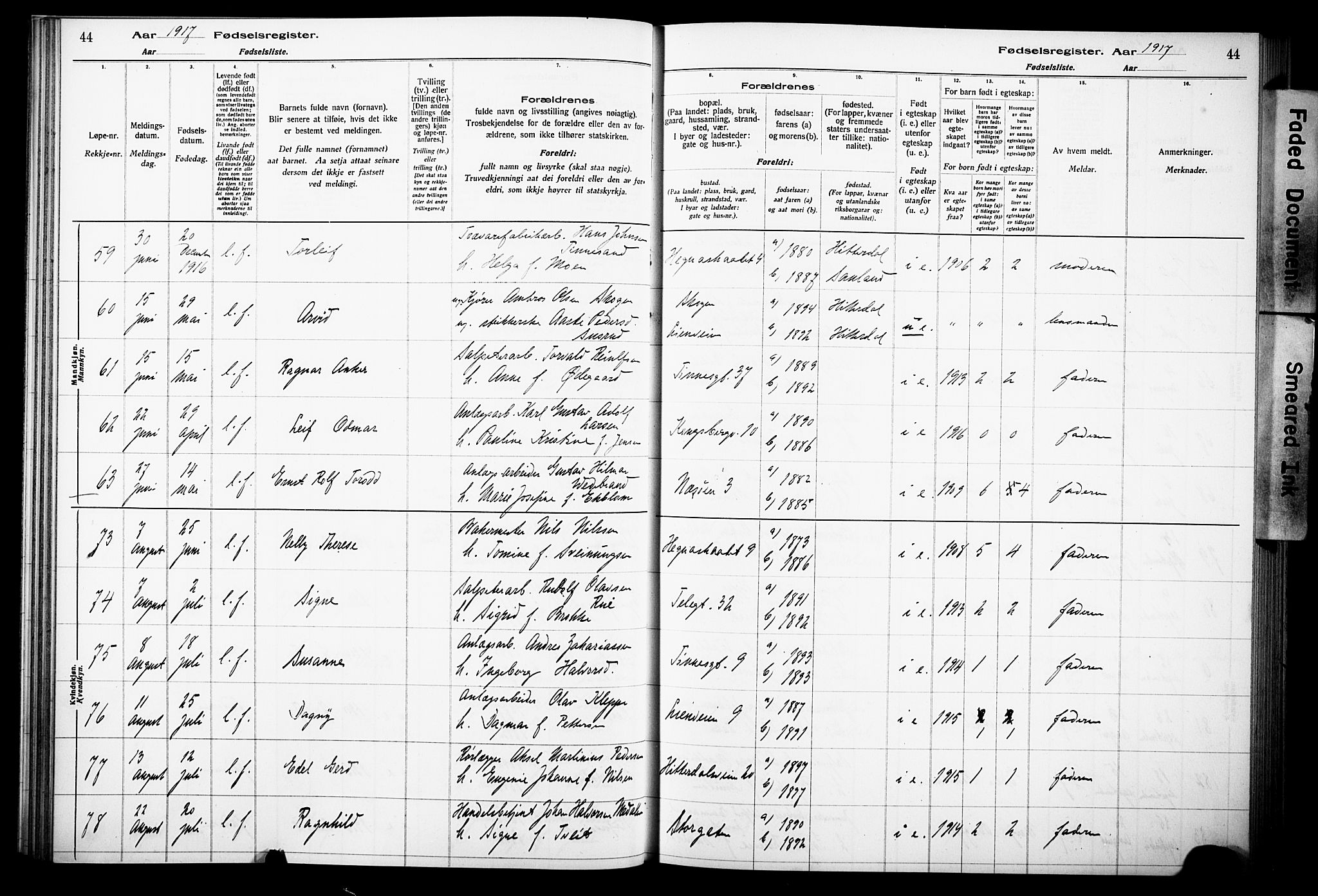 Notodden kirkebøker, AV/SAKO-A-290/J/Ja/L0001: Birth register no. 1, 1916-1924, p. 44