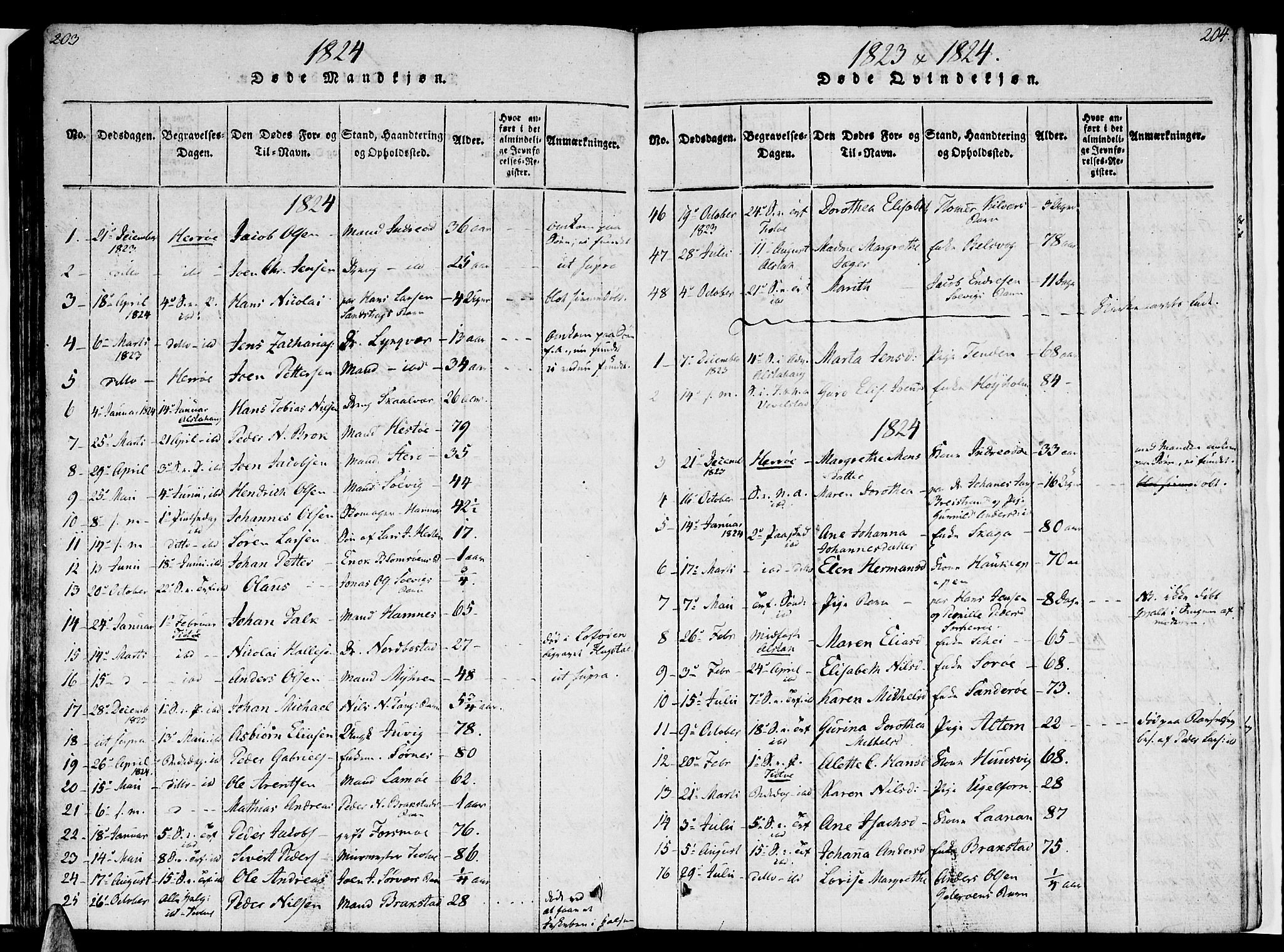 Ministerialprotokoller, klokkerbøker og fødselsregistre - Nordland, SAT/A-1459/830/L0445: Parish register (official) no. 830A09, 1820-1830, p. 203-204