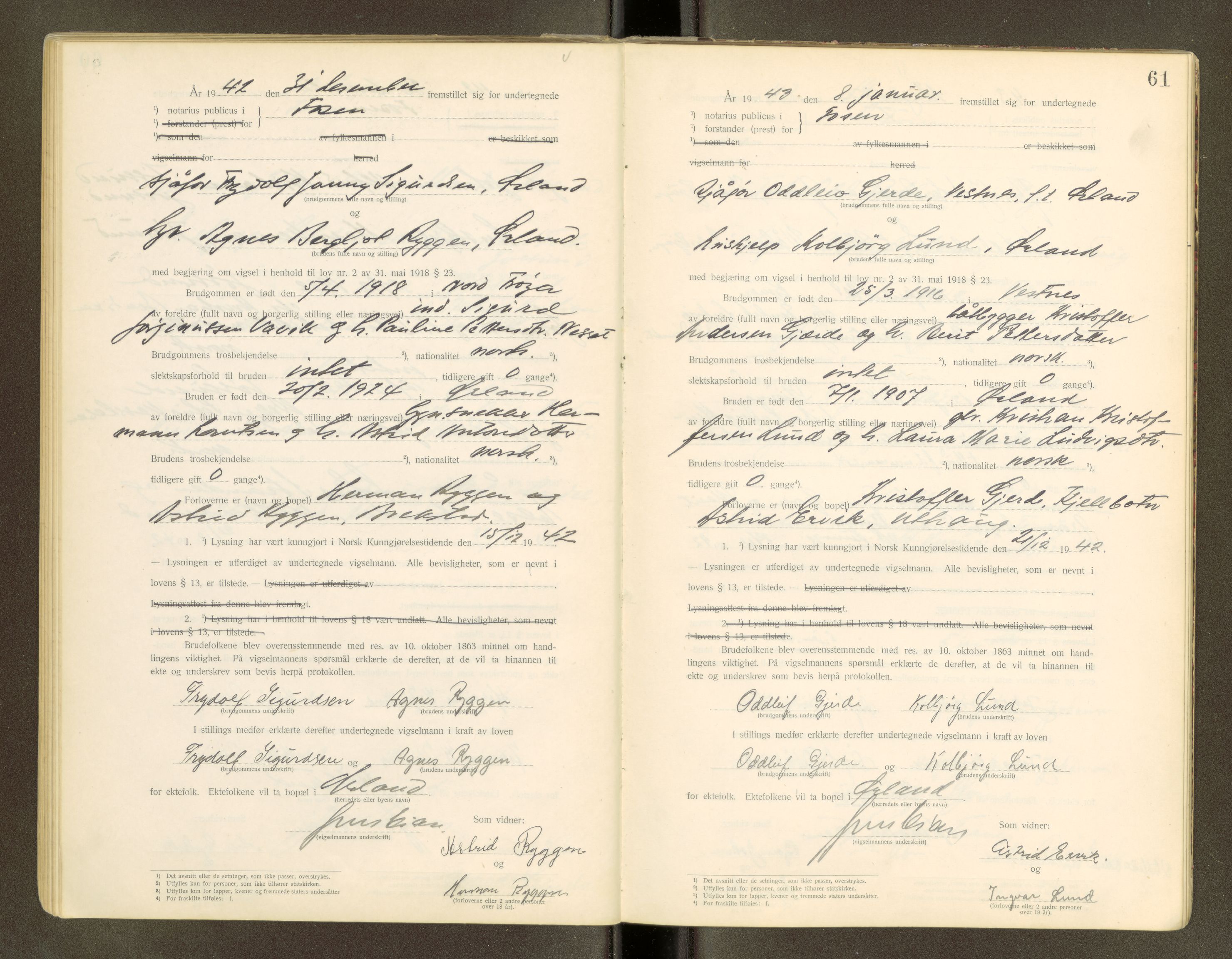 Fosen sorenskriveri, AV/SAT-A-1107/1/6/6D/L0002: Vigselsbok, 1921-1943, p. 61