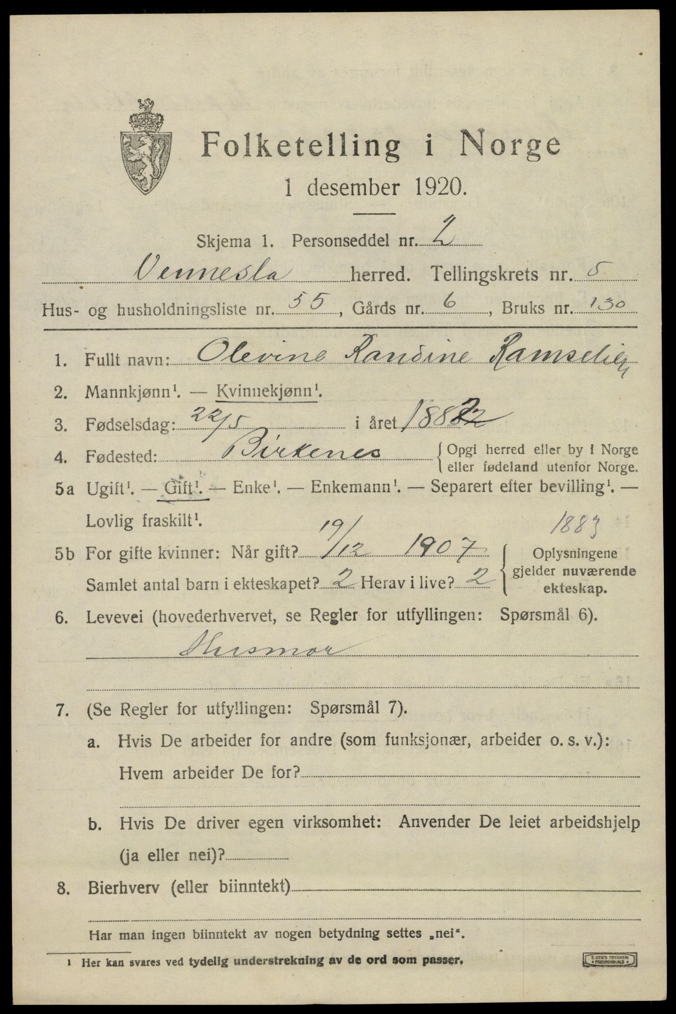SAK, 1920 census for Vennesla, 1920, p. 4128