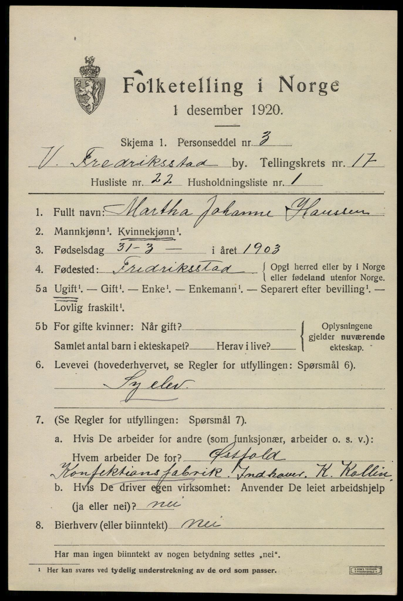 SAO, 1920 census for Fredrikstad, 1920, p. 39205