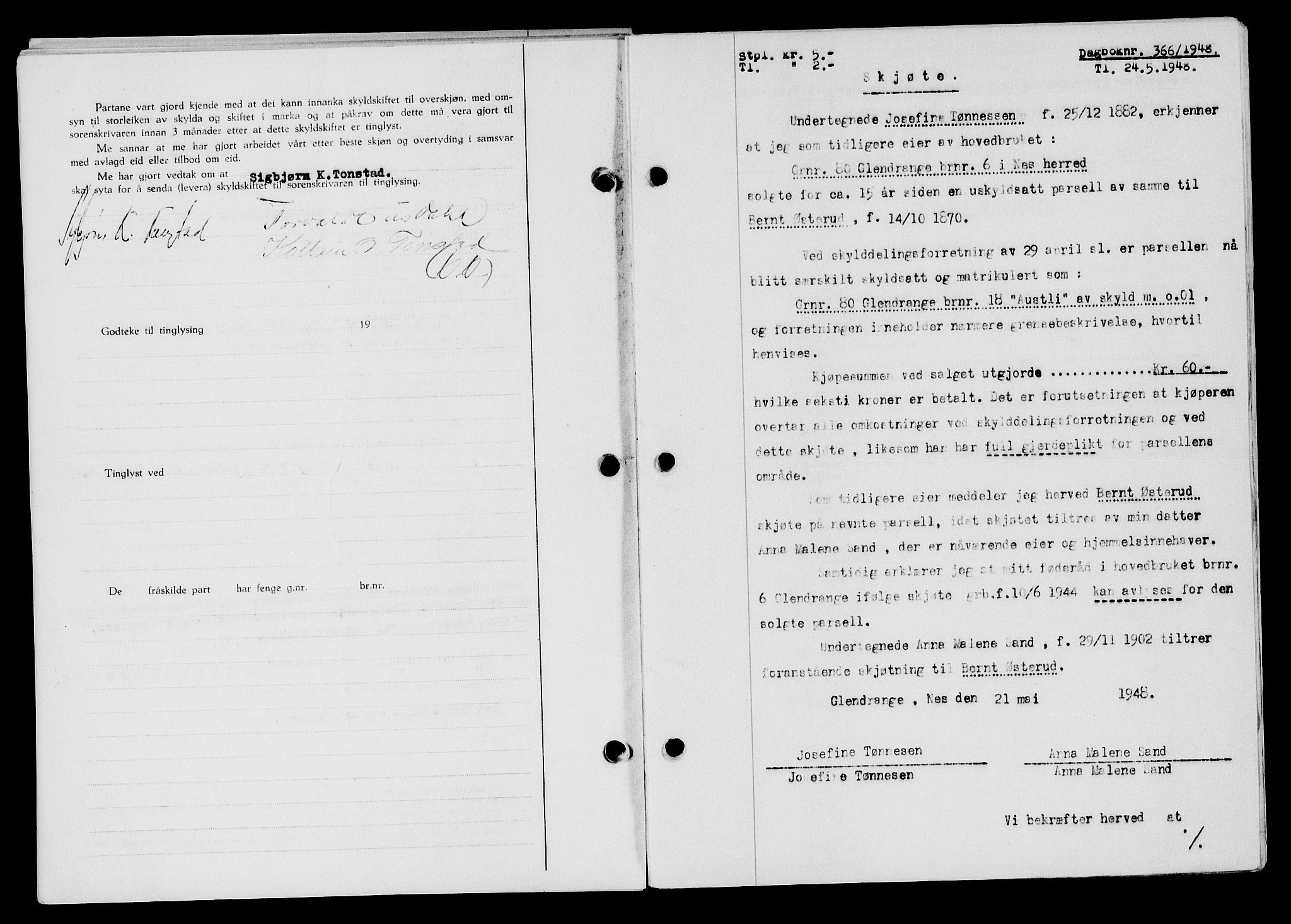 Flekkefjord sorenskriveri, SAK/1221-0001/G/Gb/Gba/L0063: Mortgage book no. A-11, 1947-1948, Diary no: : 366/1948