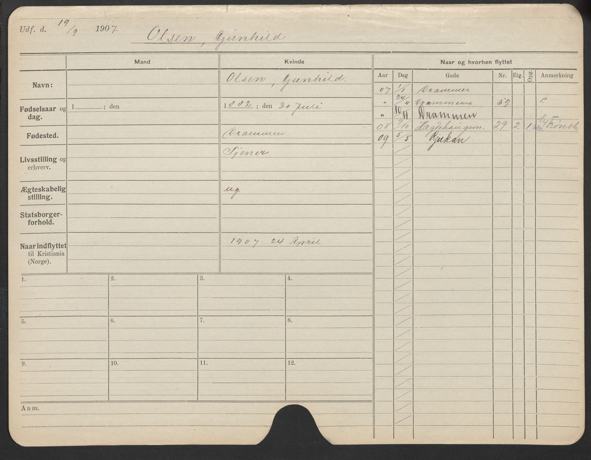 Oslo folkeregister, Registerkort, SAO/A-11715/F/Fa/Fac/L0021: Kvinner, 1906-1914, p. 1077a