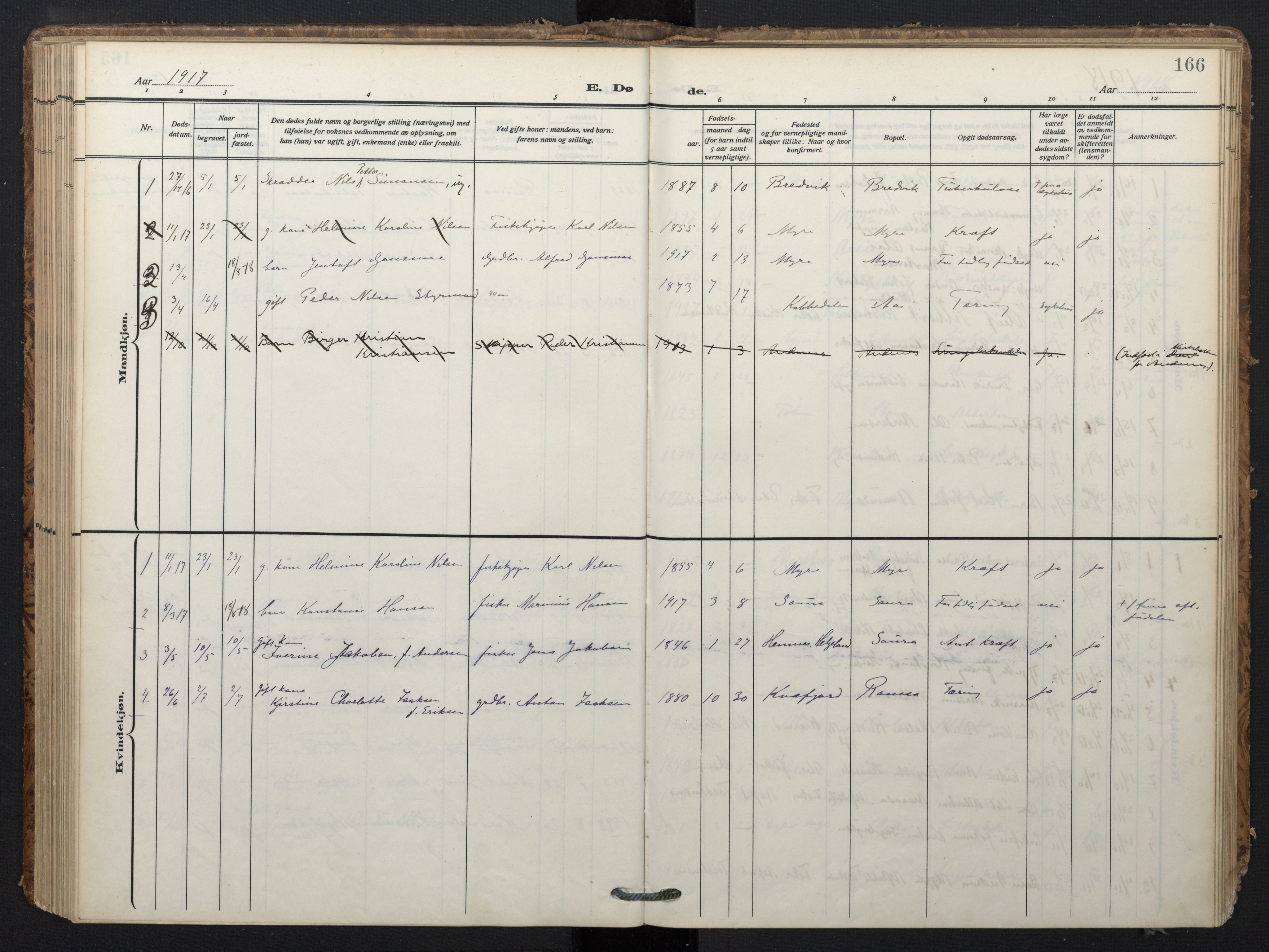 Ministerialprotokoller, klokkerbøker og fødselsregistre - Nordland, SAT/A-1459/897/L1401: Parish register (official) no. 897A08, 1909-1921, p. 166