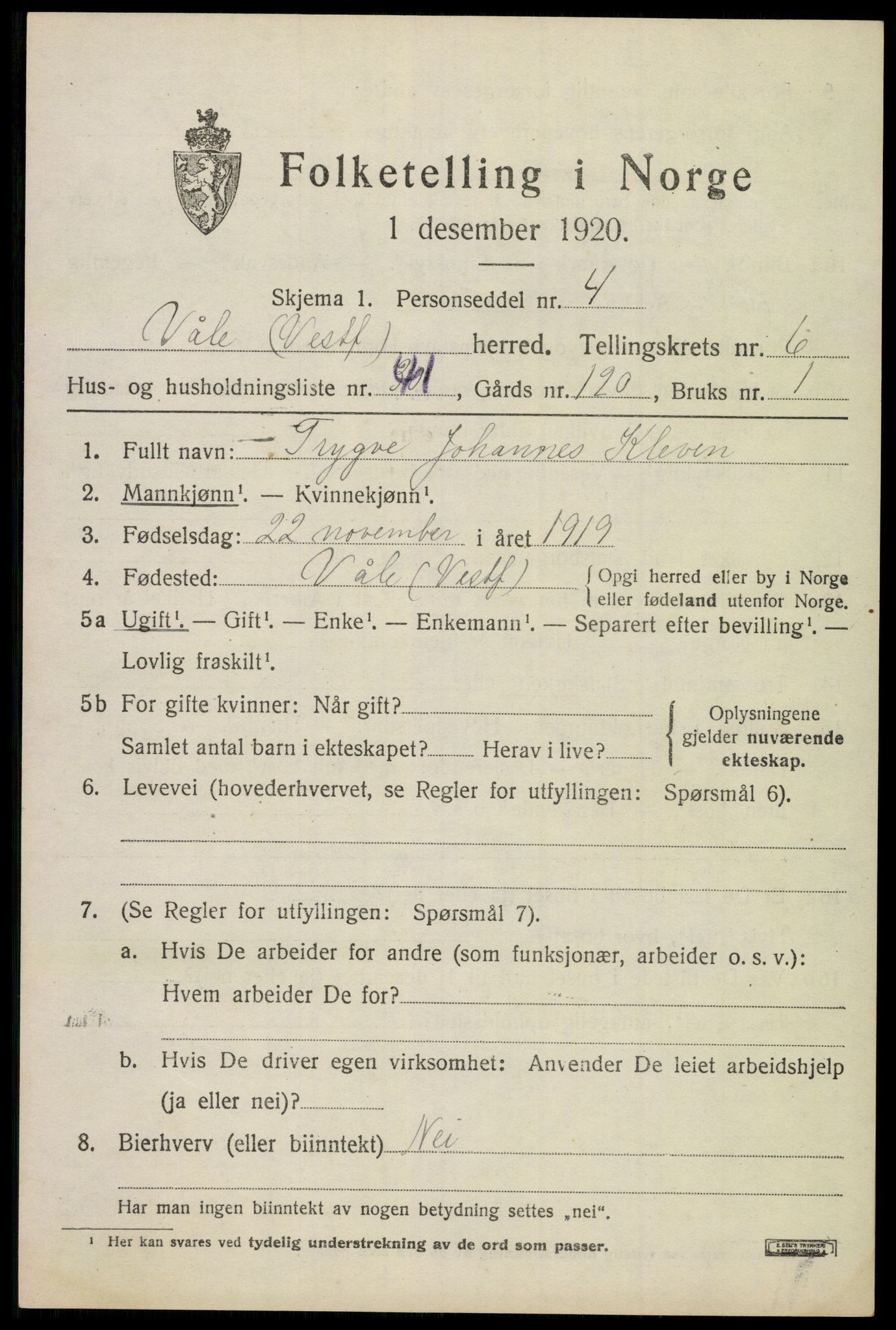 SAKO, 1920 census for Våle, 1920, p. 5382