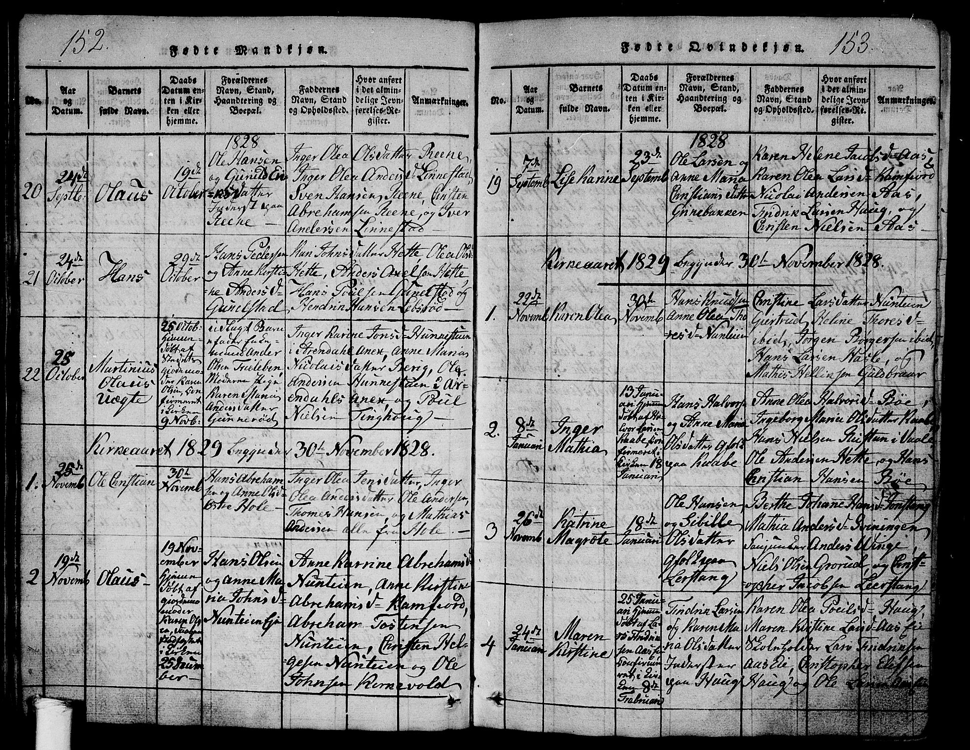 Ramnes kirkebøker, AV/SAKO-A-314/G/Ga/L0001: Parish register (copy) no. I 1, 1813-1847, p. 152-153