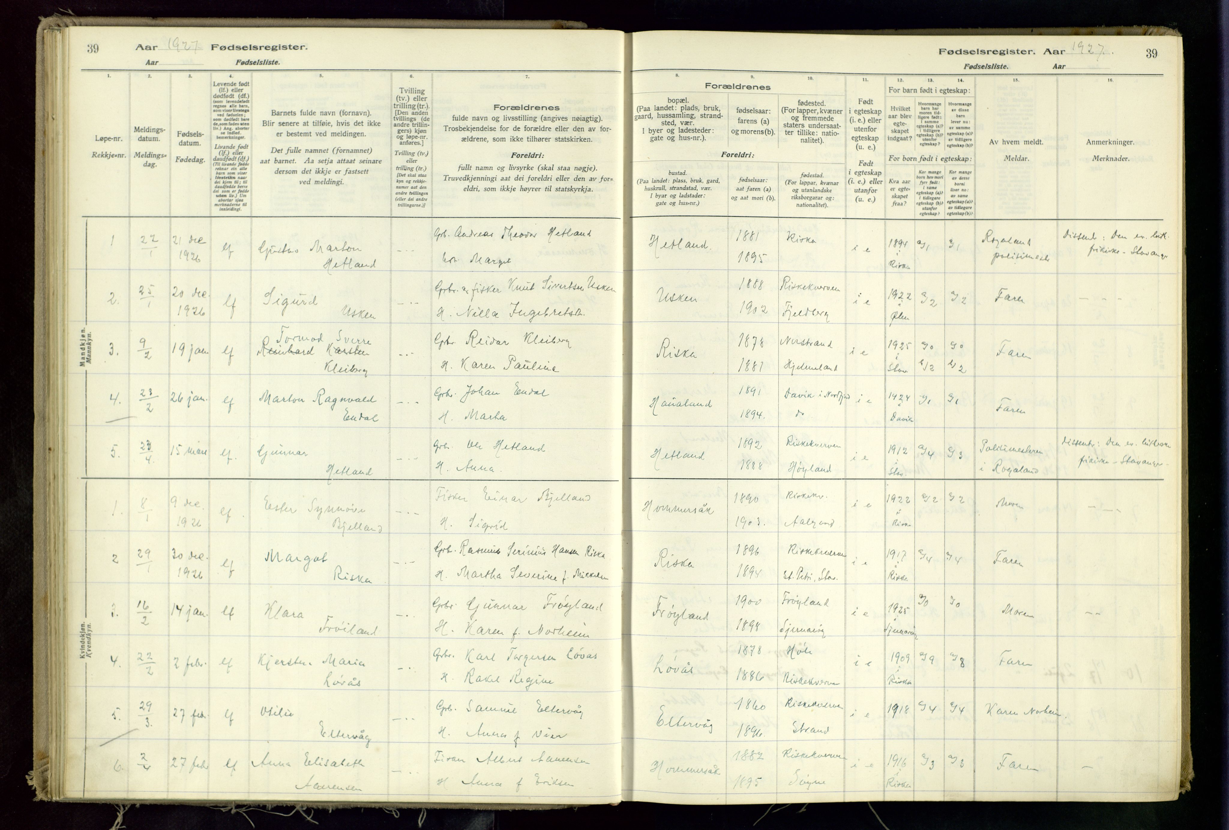 Hetland sokneprestkontor, SAST/A-101826/70/704BA/L0002: Birth register no. 2, 1916-1968, p. 39