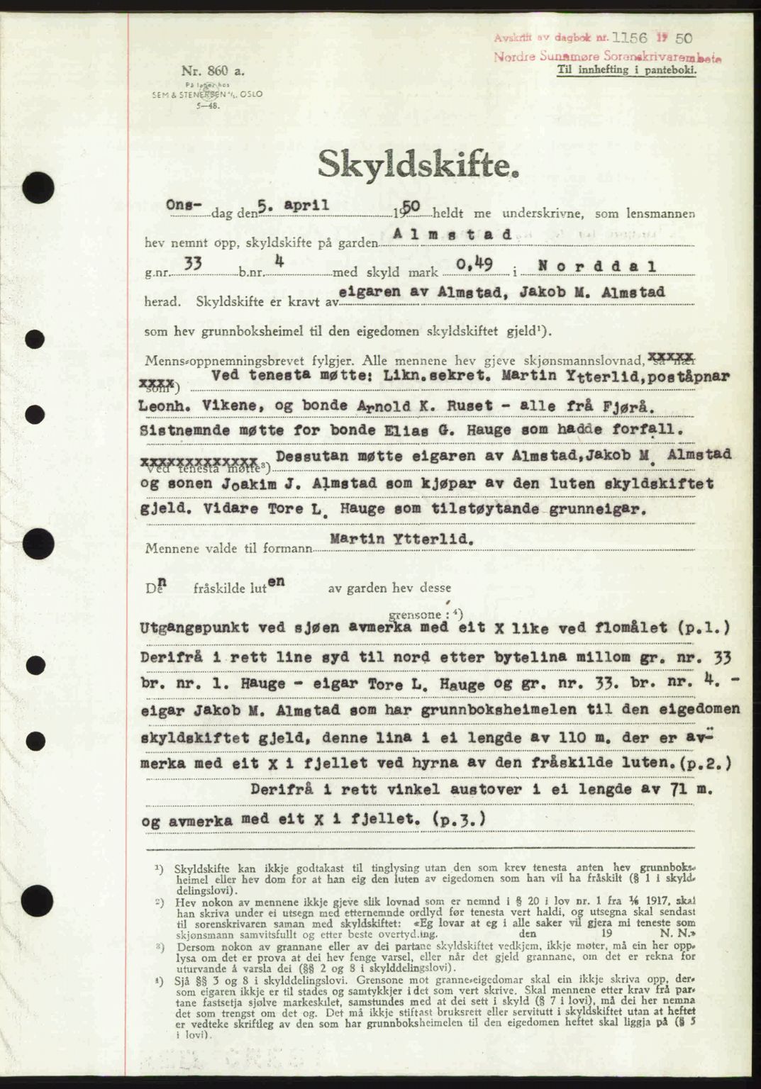 Nordre Sunnmøre sorenskriveri, AV/SAT-A-0006/1/2/2C/2Ca: Mortgage book no. A34, 1950-1950, Diary no: : 1156/1950