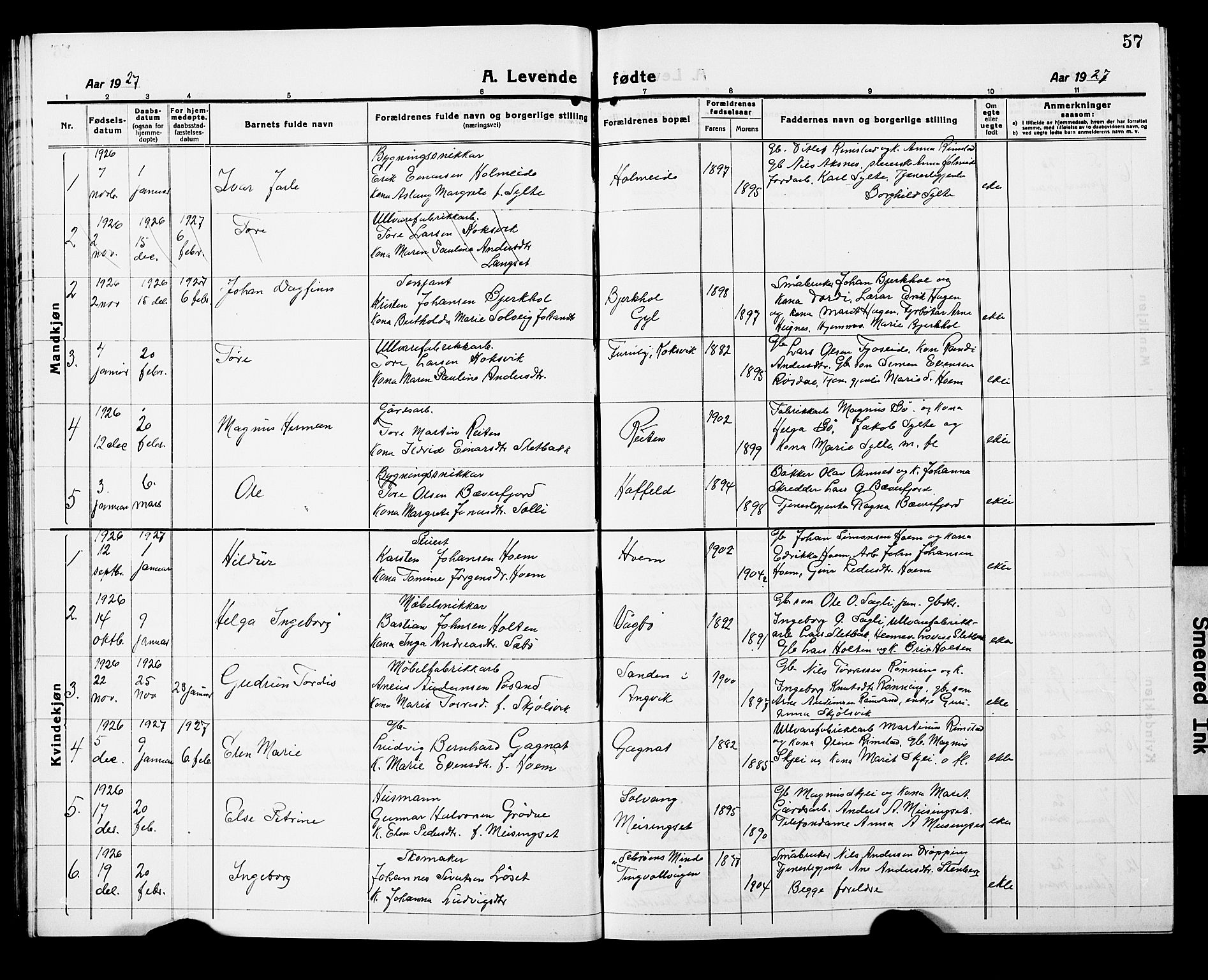 Ministerialprotokoller, klokkerbøker og fødselsregistre - Møre og Romsdal, SAT/A-1454/586/L0994: Parish register (copy) no. 586C05, 1919-1927, p. 57