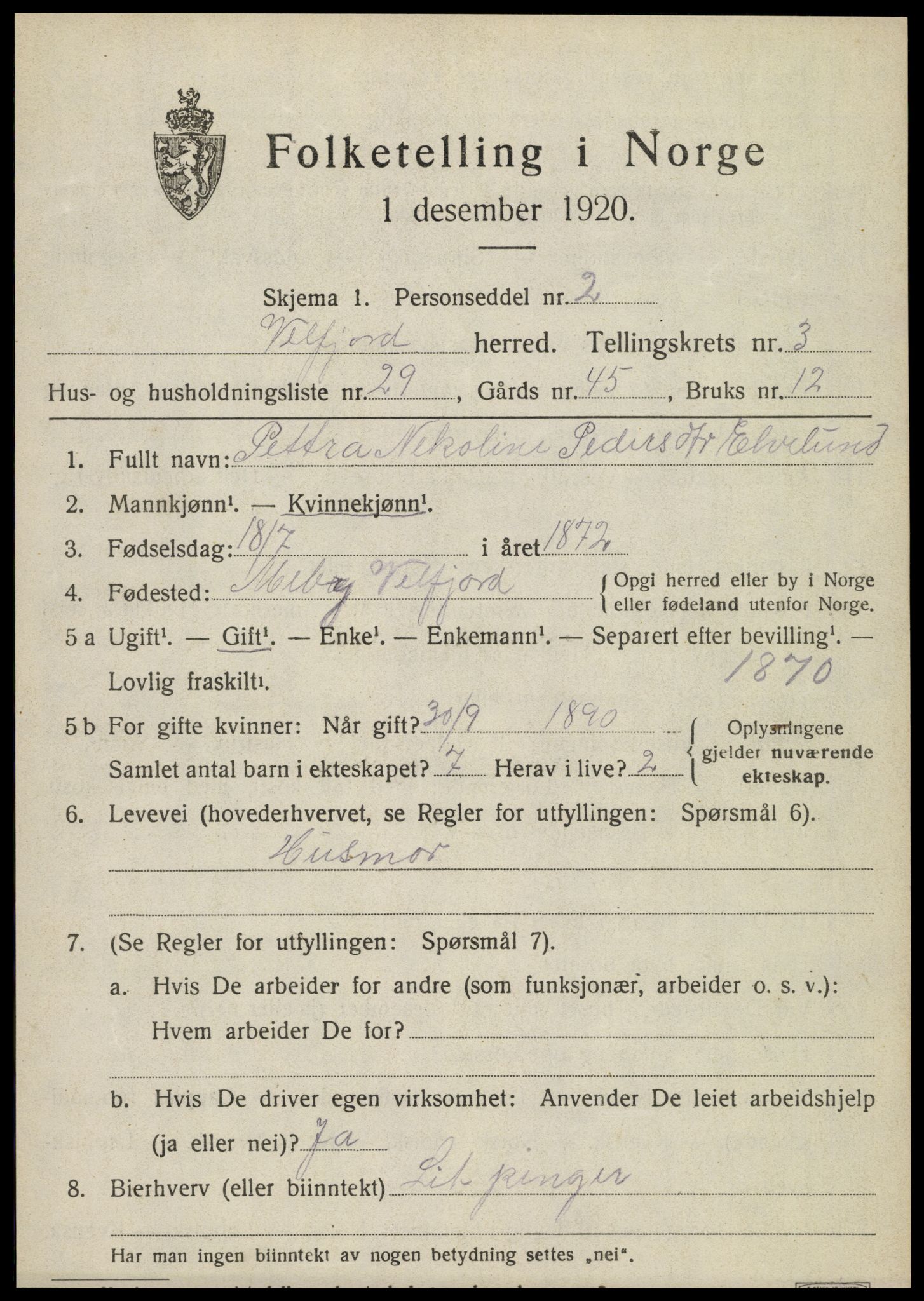 SAT, 1920 census for Velfjord, 1920, p. 2549