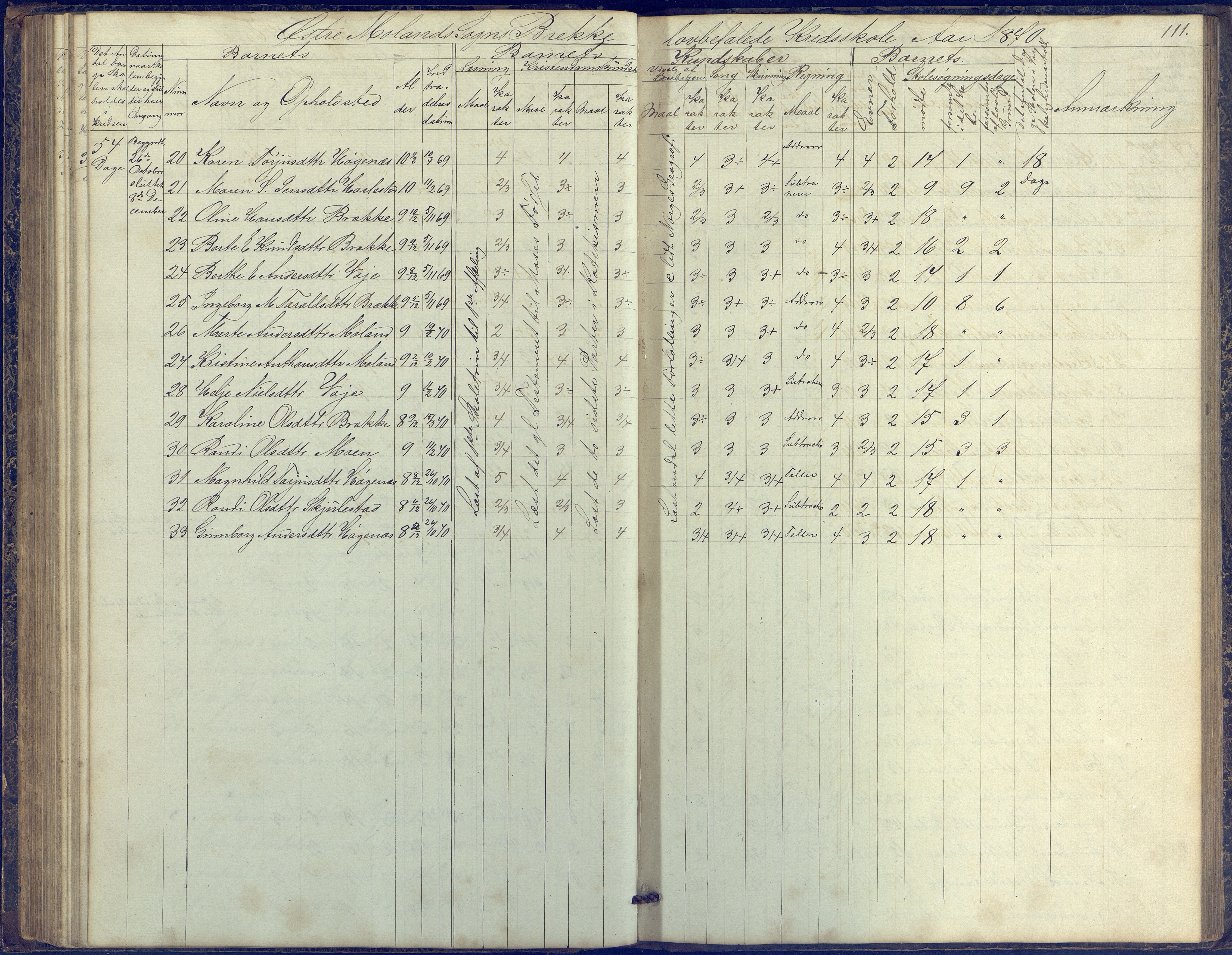 Austre Moland kommune, AAKS/KA0918-PK/09/09b/L0002: Skoleprotokoll, 1852-1878, p. 111