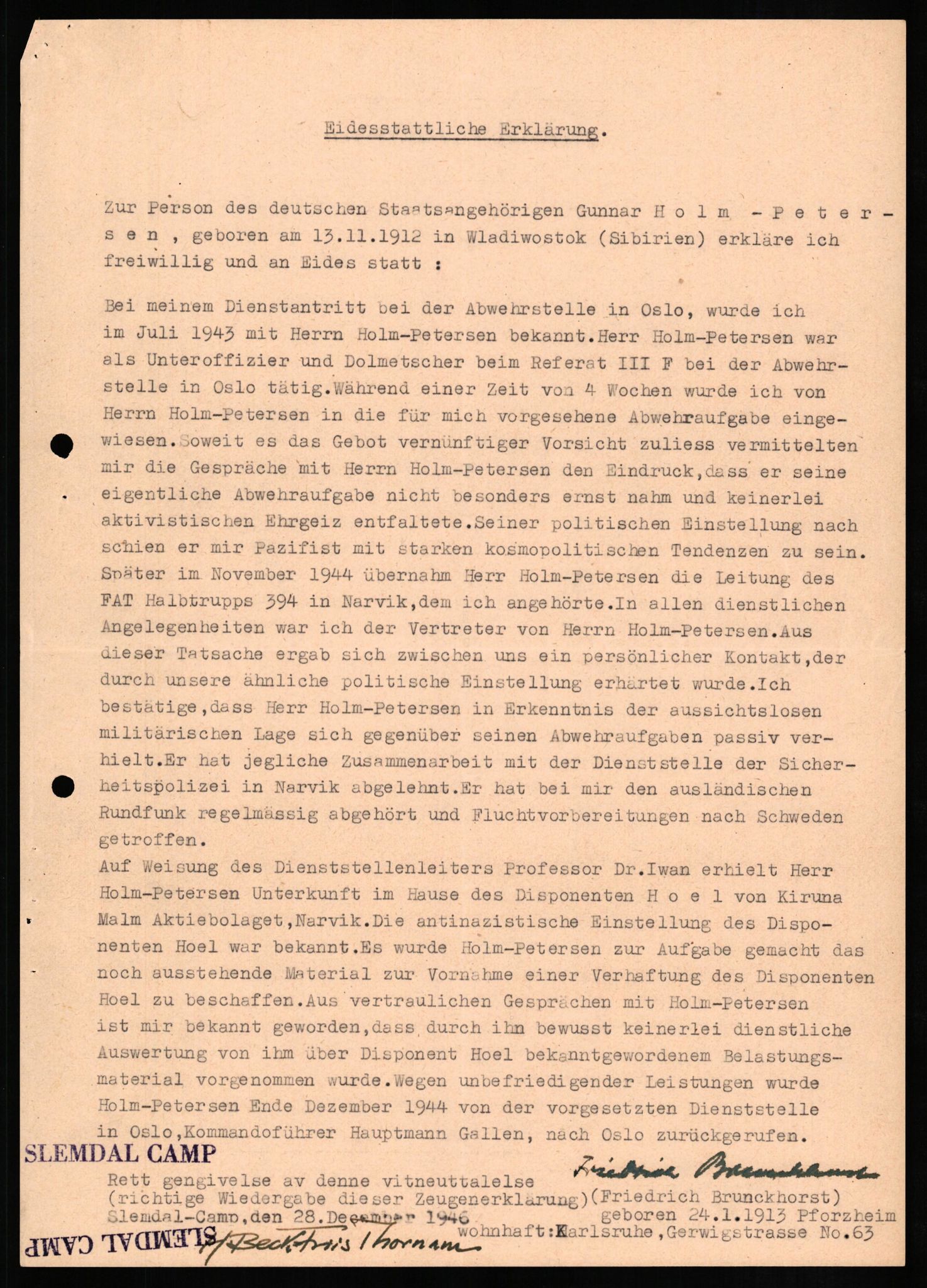 Forsvaret, Forsvarets overkommando II, AV/RA-RAFA-3915/D/Db/L0013: CI Questionaires. Tyske okkupasjonsstyrker i Norge. Tyskere., 1945-1946, p. 417