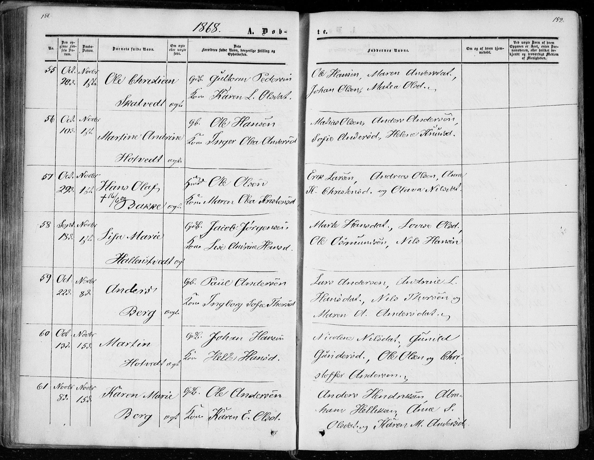 Andebu kirkebøker, SAKO/A-336/F/Fa/L0005: Parish register (official) no. 5, 1857-1870, p. 151-152