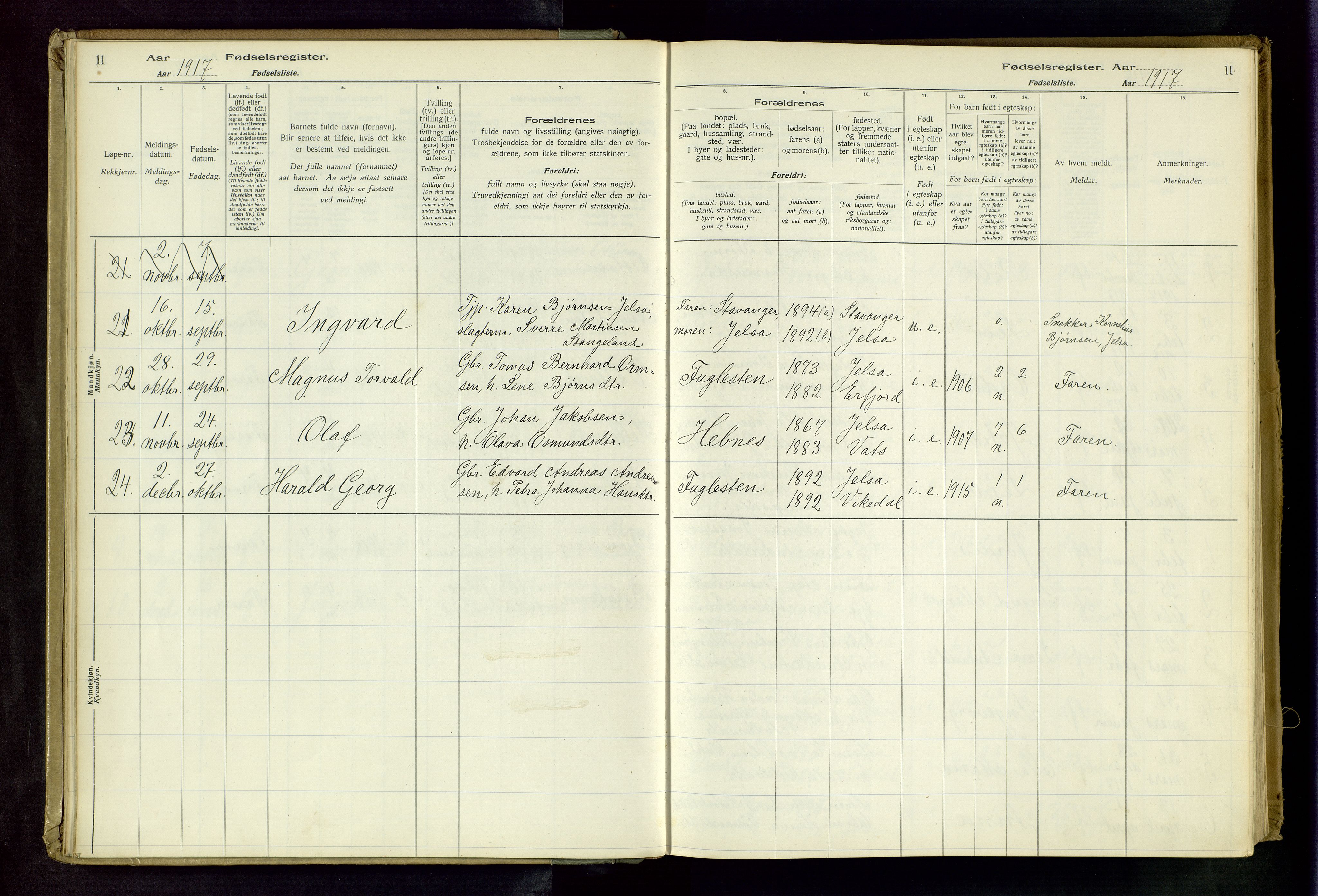 Jelsa sokneprestkontor, AV/SAST-A-101842/02/I: Birth register no. 13, 1916-1982, p. 11