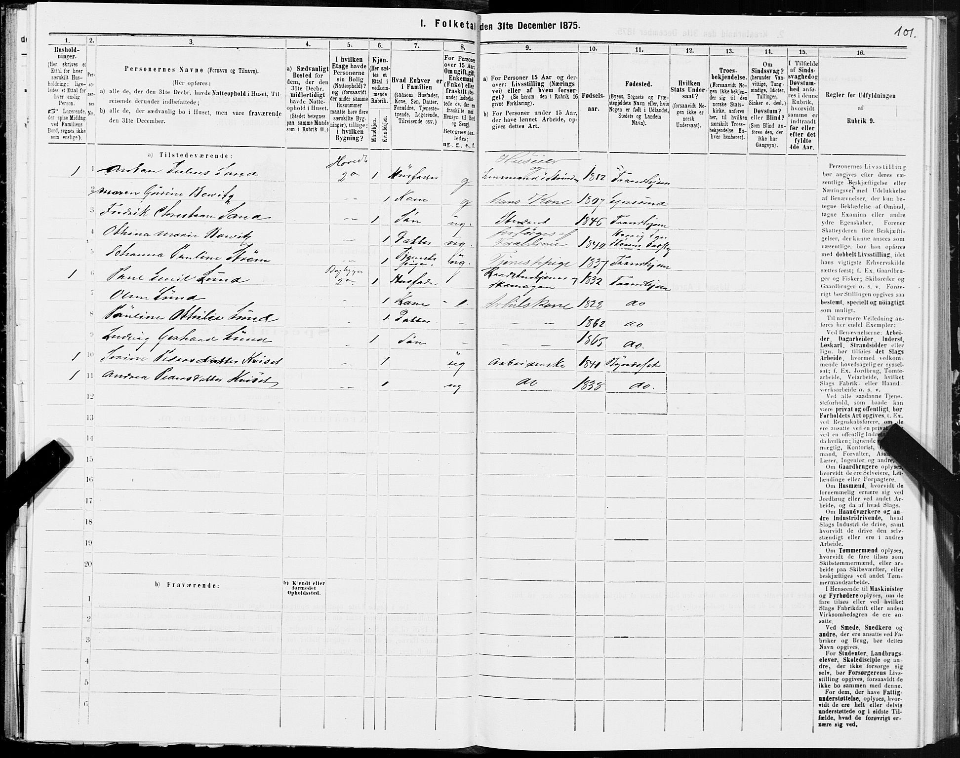 SAT, 1875 census for 1601 Trondheim, 1875, p. 6101