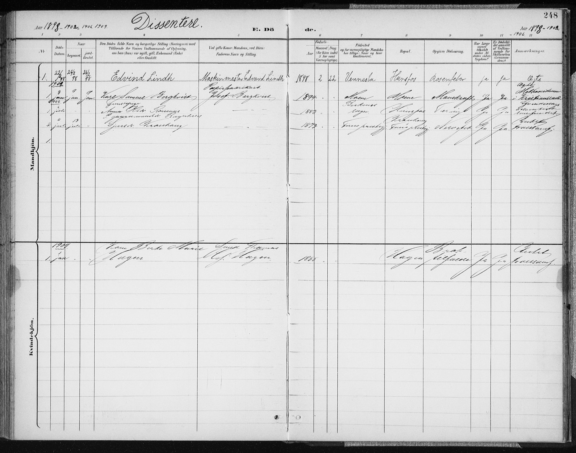 Vennesla sokneprestkontor, AV/SAK-1111-0045/Fa/Fab/L0005: Parish register (official) no. A 5, 1897-1909, p. 248