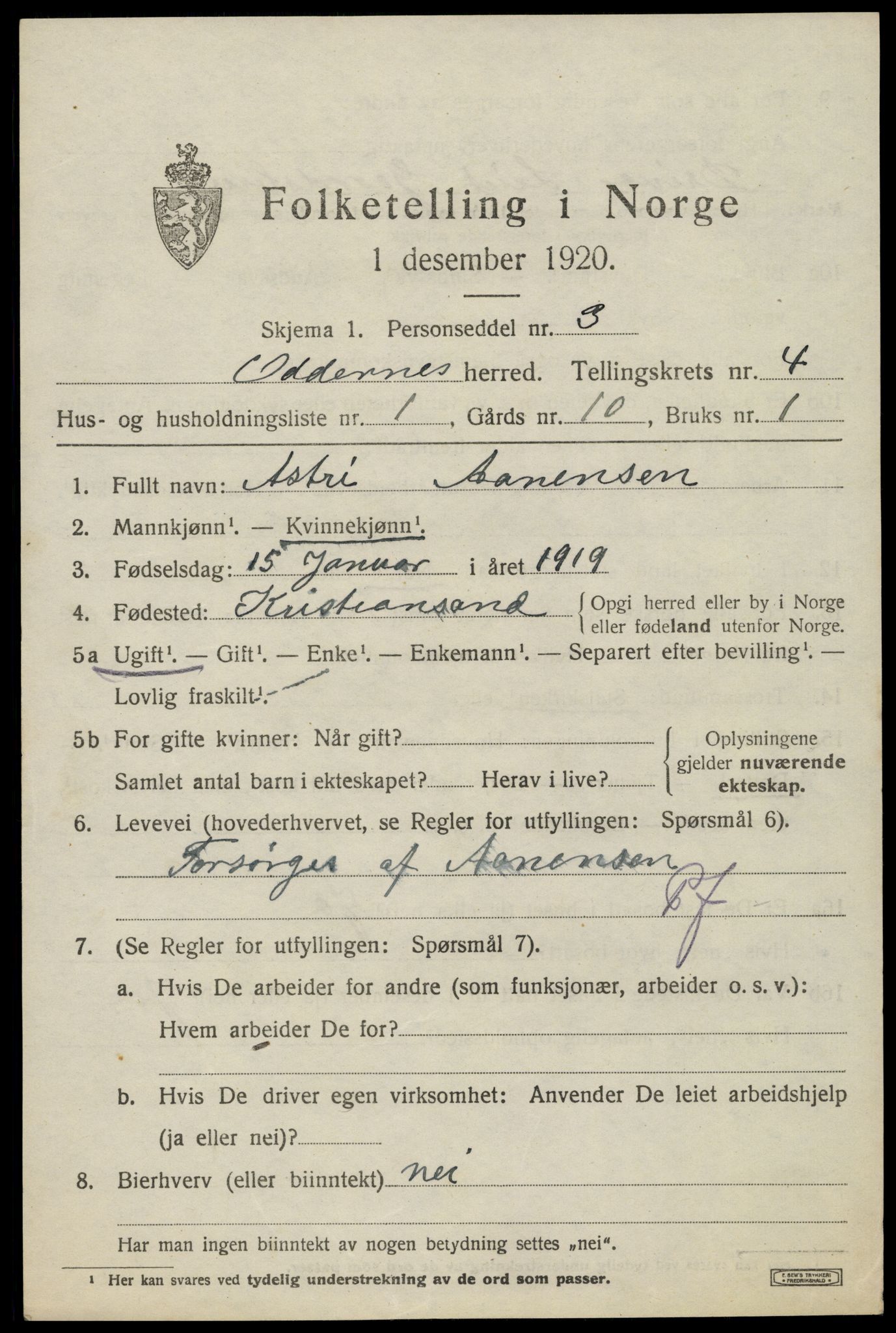 SAK, 1920 census for Oddernes, 1920, p. 4063