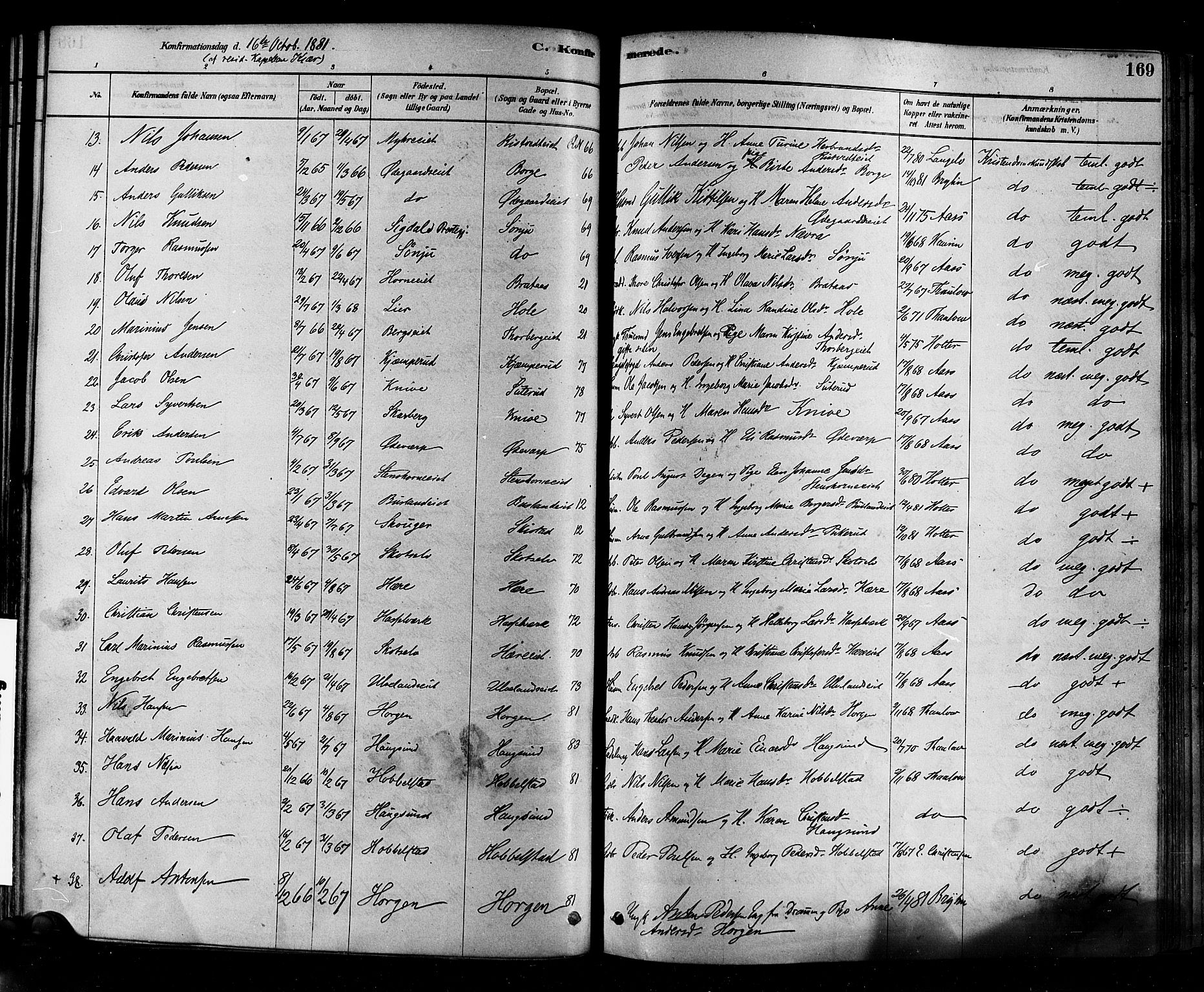 Eiker kirkebøker, SAKO/A-4/F/Fb/L0001: Parish register (official) no. II 1, 1878-1888, p. 169