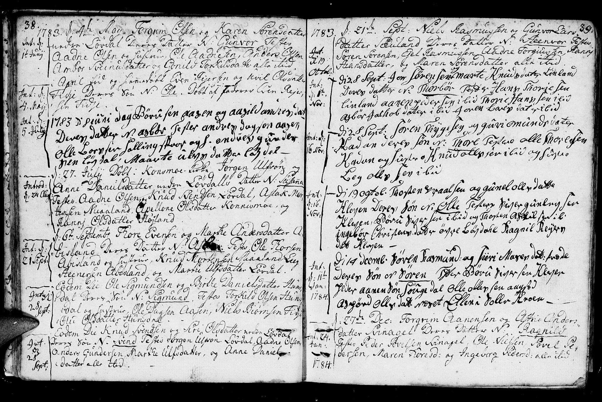 Holum sokneprestkontor, AV/SAK-1111-0022/F/Fa/Fab/L0004: Parish register (official) no. A 4, 1774-1847, p. 38-39