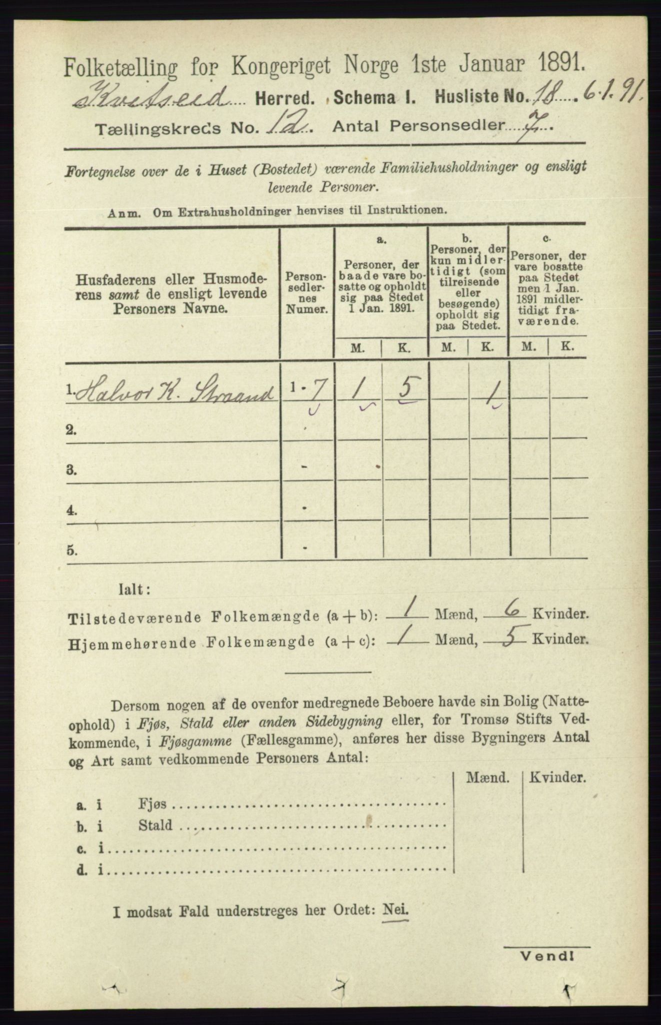 RA, 1891 census for 0829 Kviteseid, 1891, p. 2831
