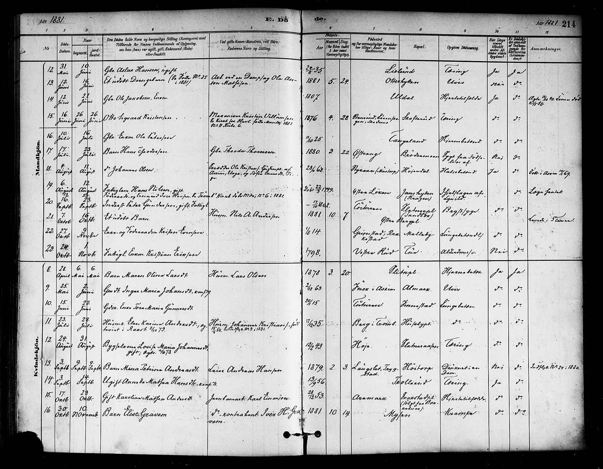 Eidsberg prestekontor Kirkebøker, AV/SAO-A-10905/F/Fa/L0012: Parish register (official) no. I 12, 1879-1901, p. 214