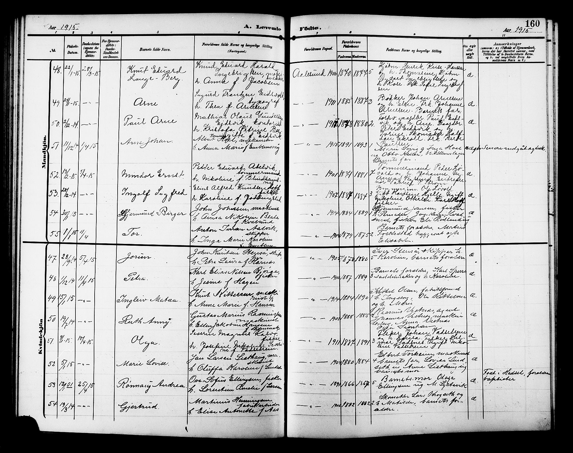 Ministerialprotokoller, klokkerbøker og fødselsregistre - Møre og Romsdal, AV/SAT-A-1454/529/L0471: Parish register (copy) no. 529C08, 1909-1921, p. 160