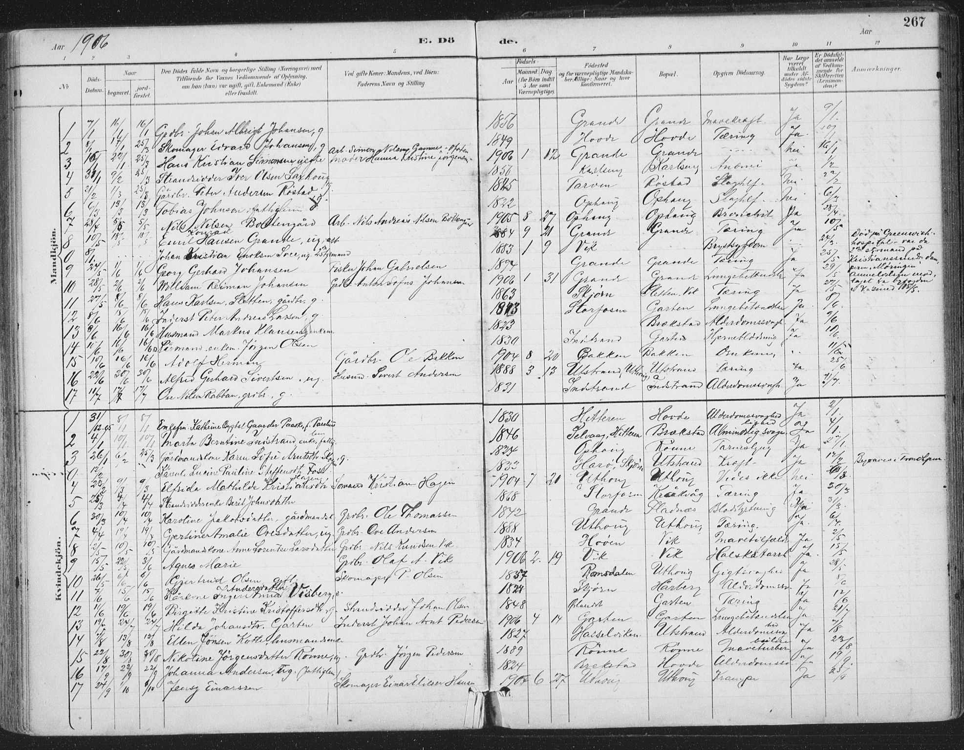 Ministerialprotokoller, klokkerbøker og fødselsregistre - Sør-Trøndelag, SAT/A-1456/659/L0743: Parish register (official) no. 659A13, 1893-1910, p. 267