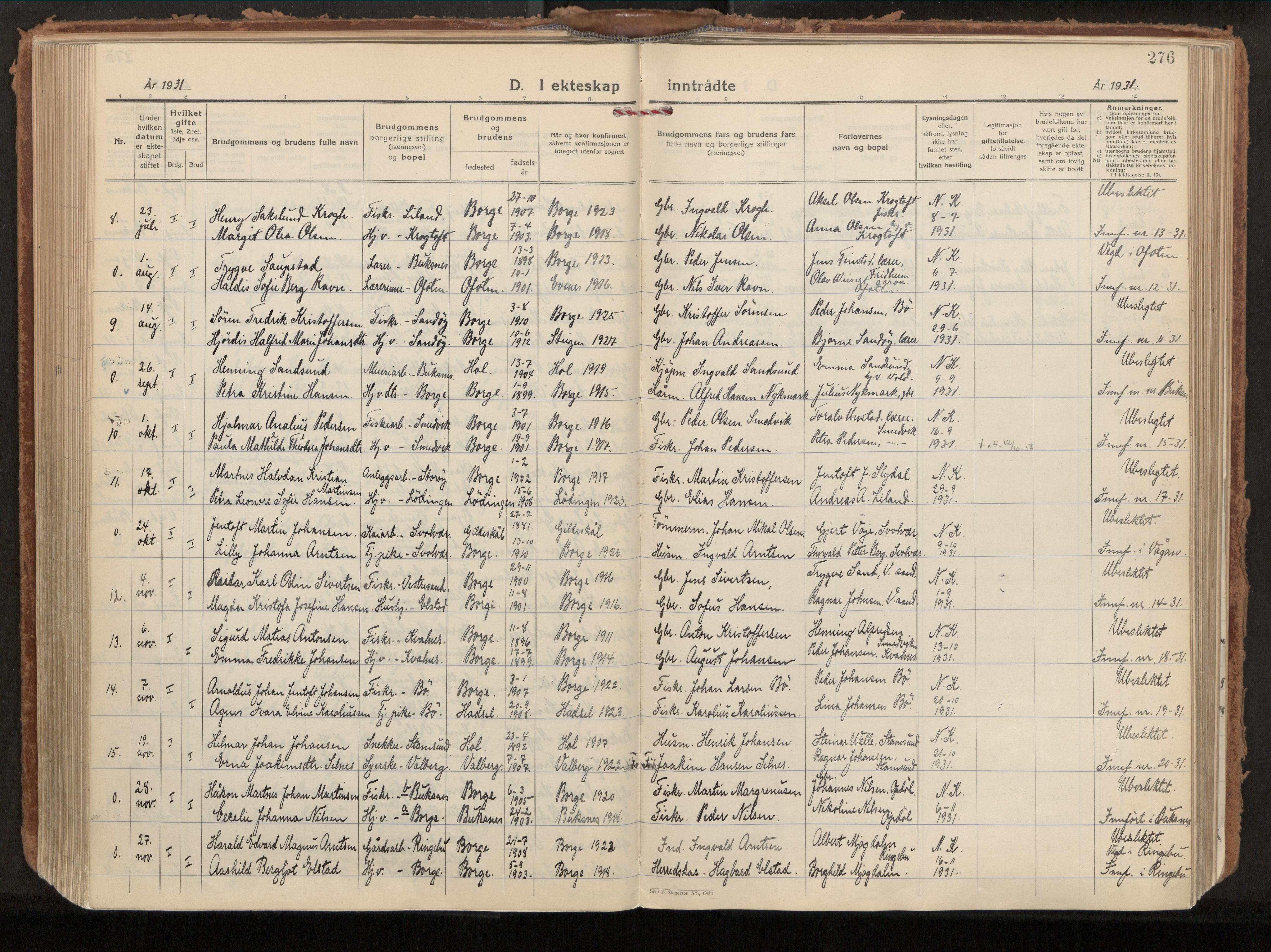 Ministerialprotokoller, klokkerbøker og fødselsregistre - Nordland, AV/SAT-A-1459/880/L1137: Parish register (official) no. 880A11, 1927-1944, p. 276