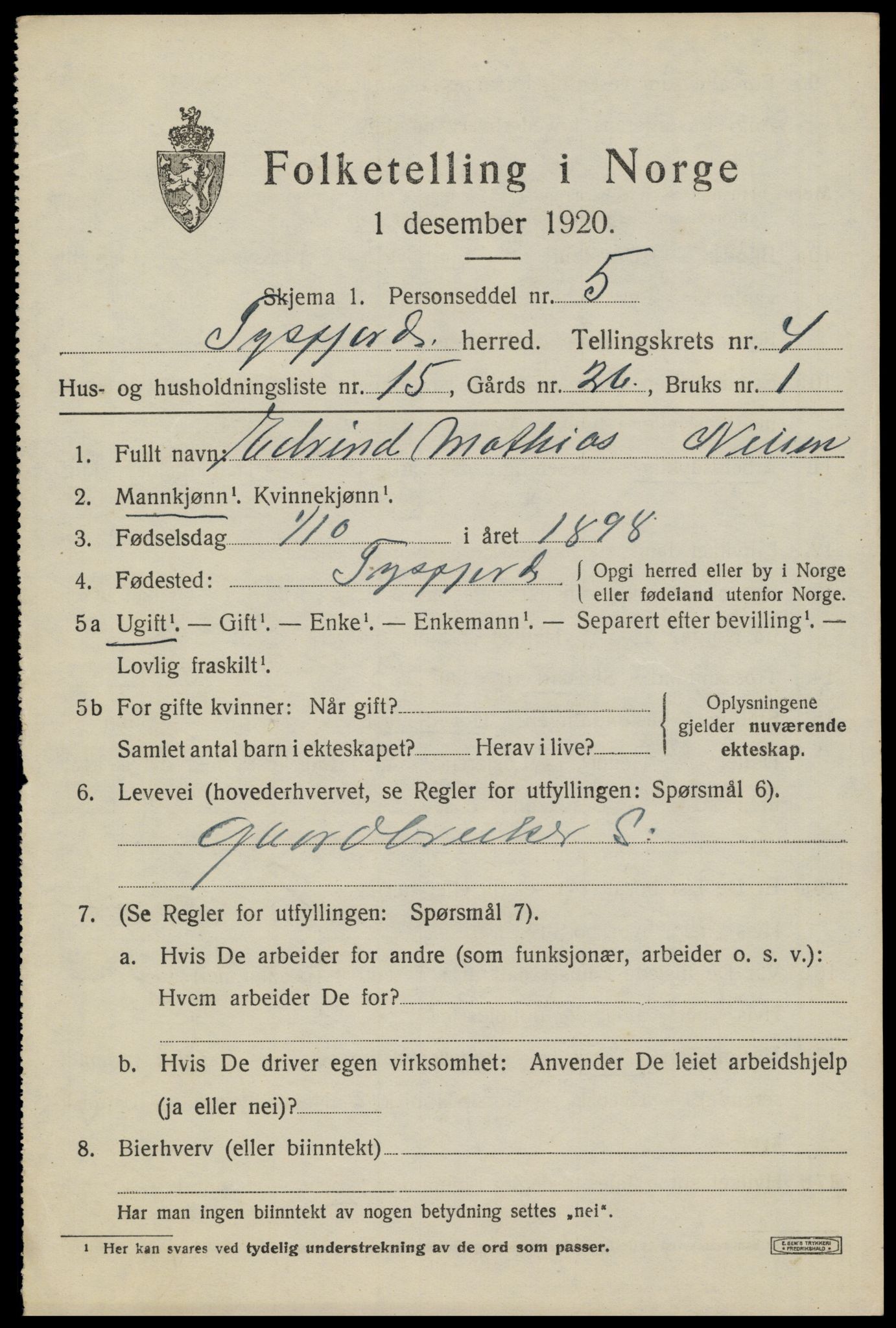SAT, 1920 census for Tysfjord, 1920, p. 3355