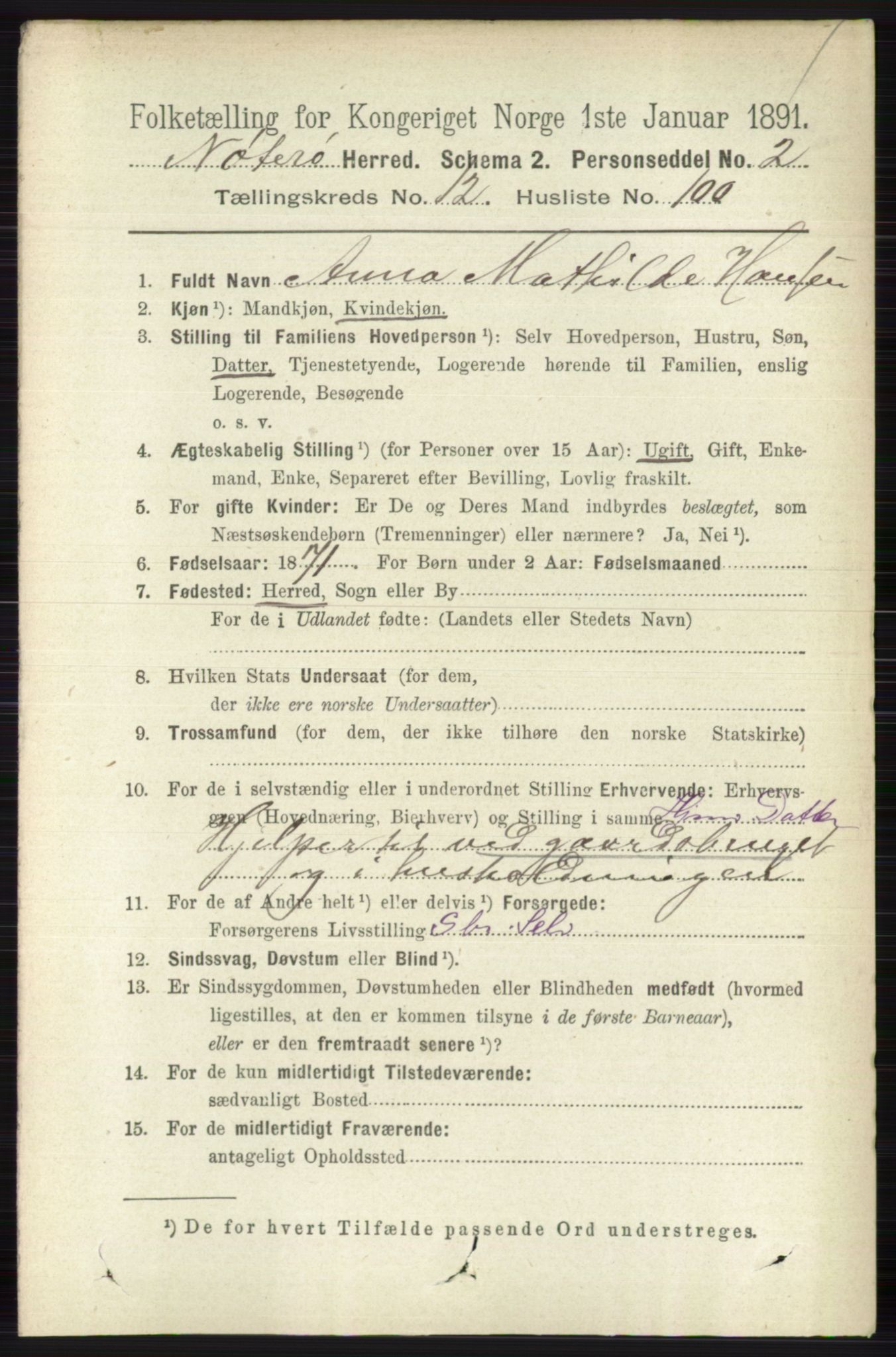 RA, 1891 census for 0722 Nøtterøy, 1891, p. 6925