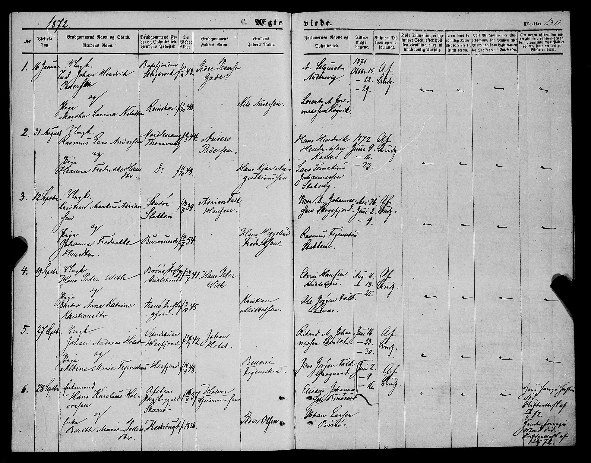 Karlsøy sokneprestembete, AV/SATØ-S-1299/H/Ha/Haa/L0005kirke: Parish register (official) no. 5, 1872-1878, p. 130