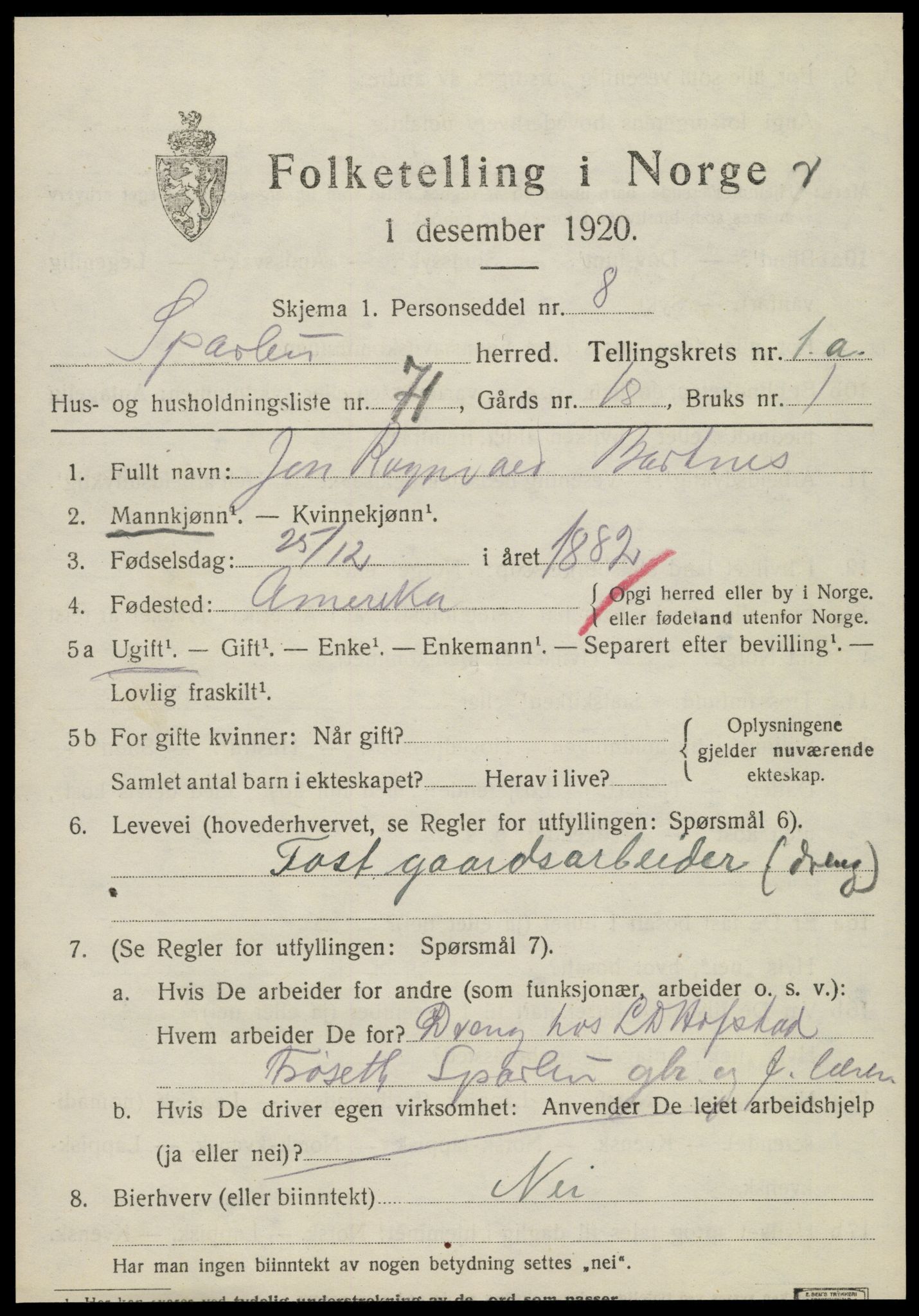 SAT, 1920 census for Sparbu, 1920, p. 1919