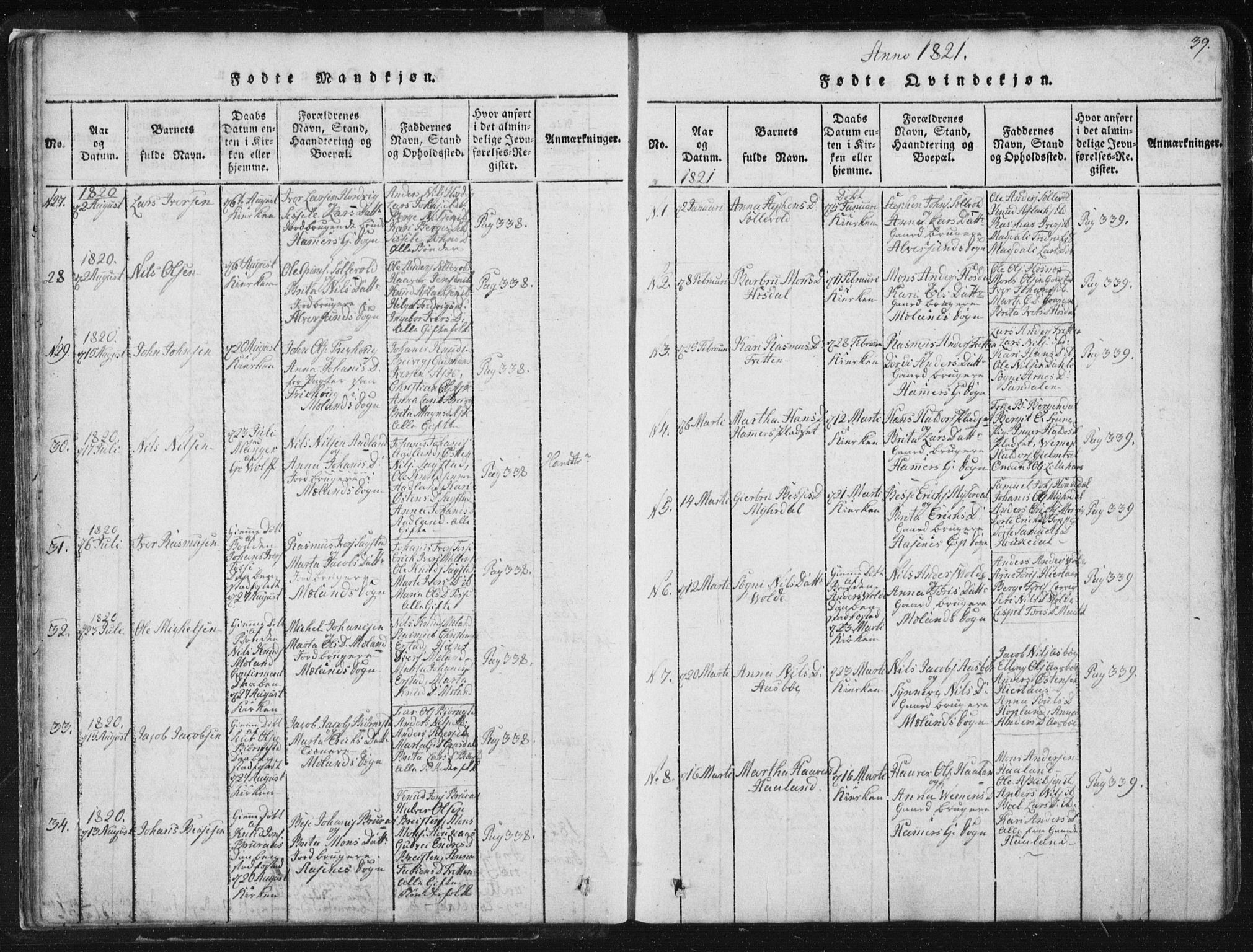 Hamre sokneprestembete, AV/SAB-A-75501/H/Ha/Haa/Haaa/L0010: Parish register (official) no. A 10, 1816-1826, p. 39