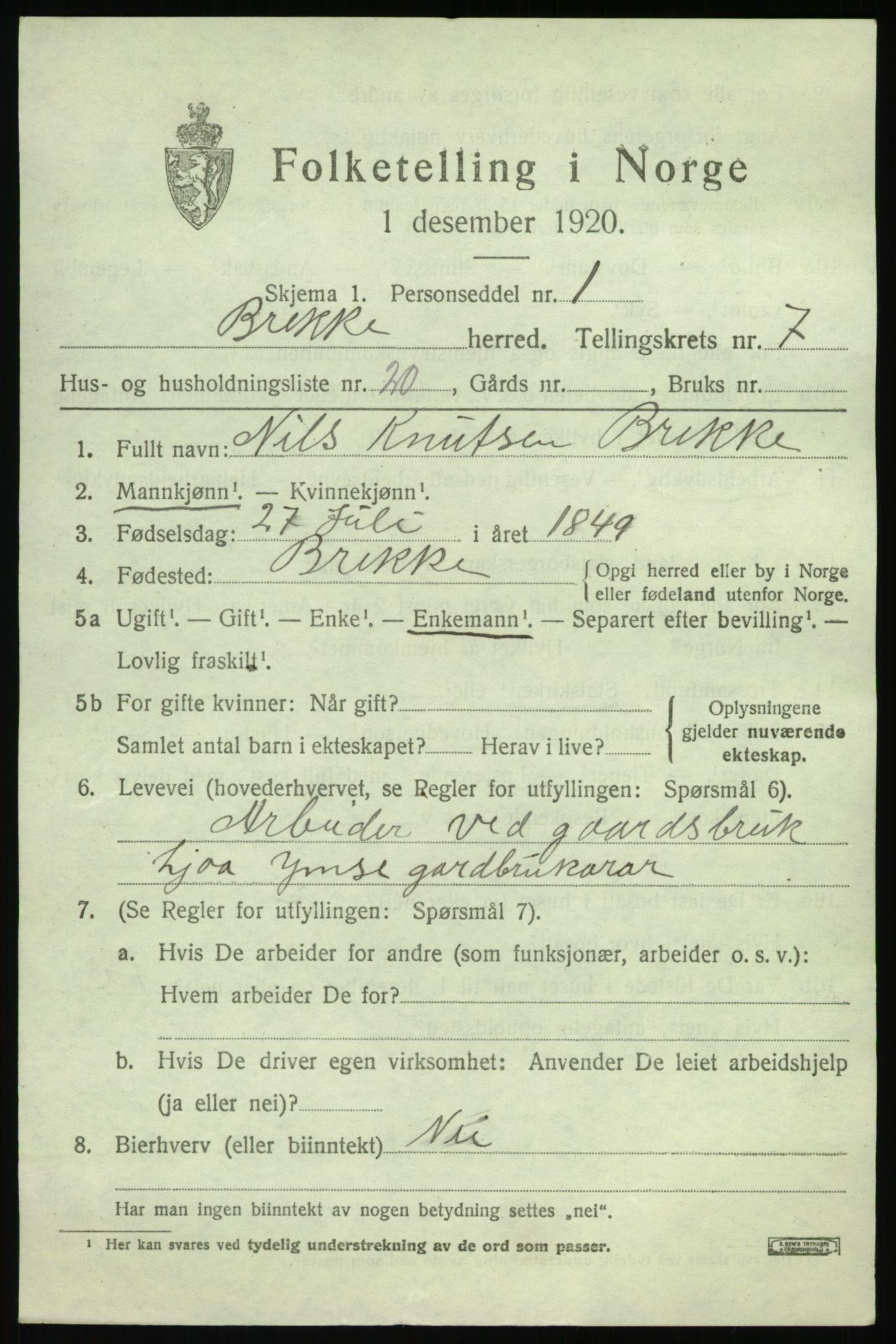 SAB, 1920 census for Brekke, 1920, p. 1720