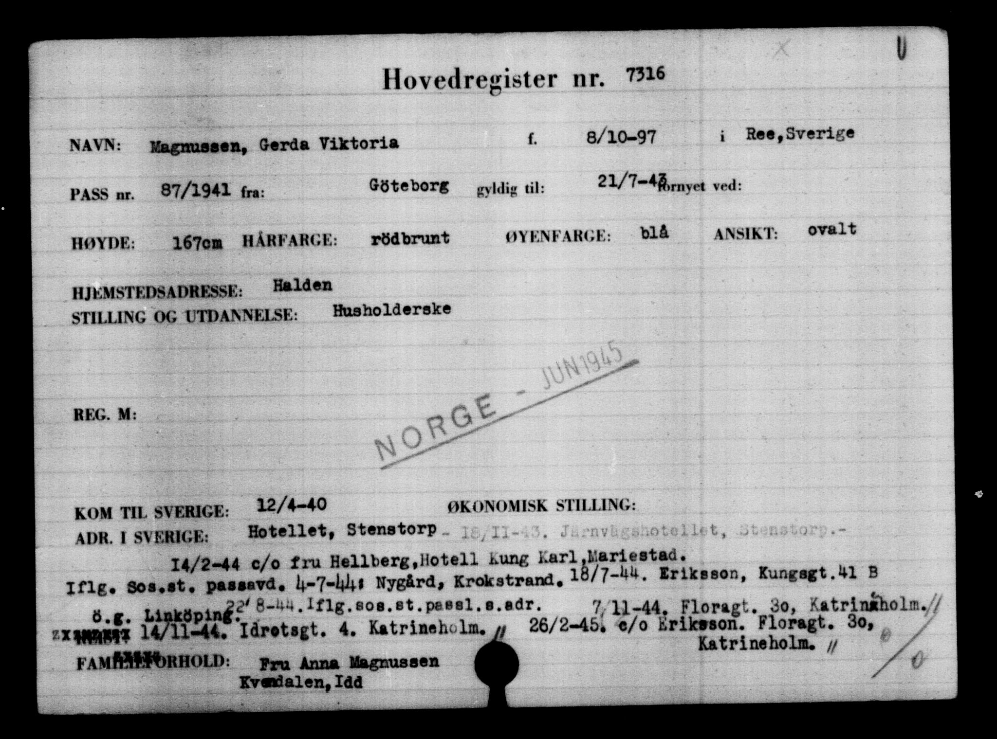 Utenriksstasjonene, Legasjonen i Stockholm, Flyktningkontoret, AV/RA-S-6753/V/Va/L0005: Kjesäterkartoteket, flyktninger med registreringsnr. 6600-9417, 1940-1945, p. 846
