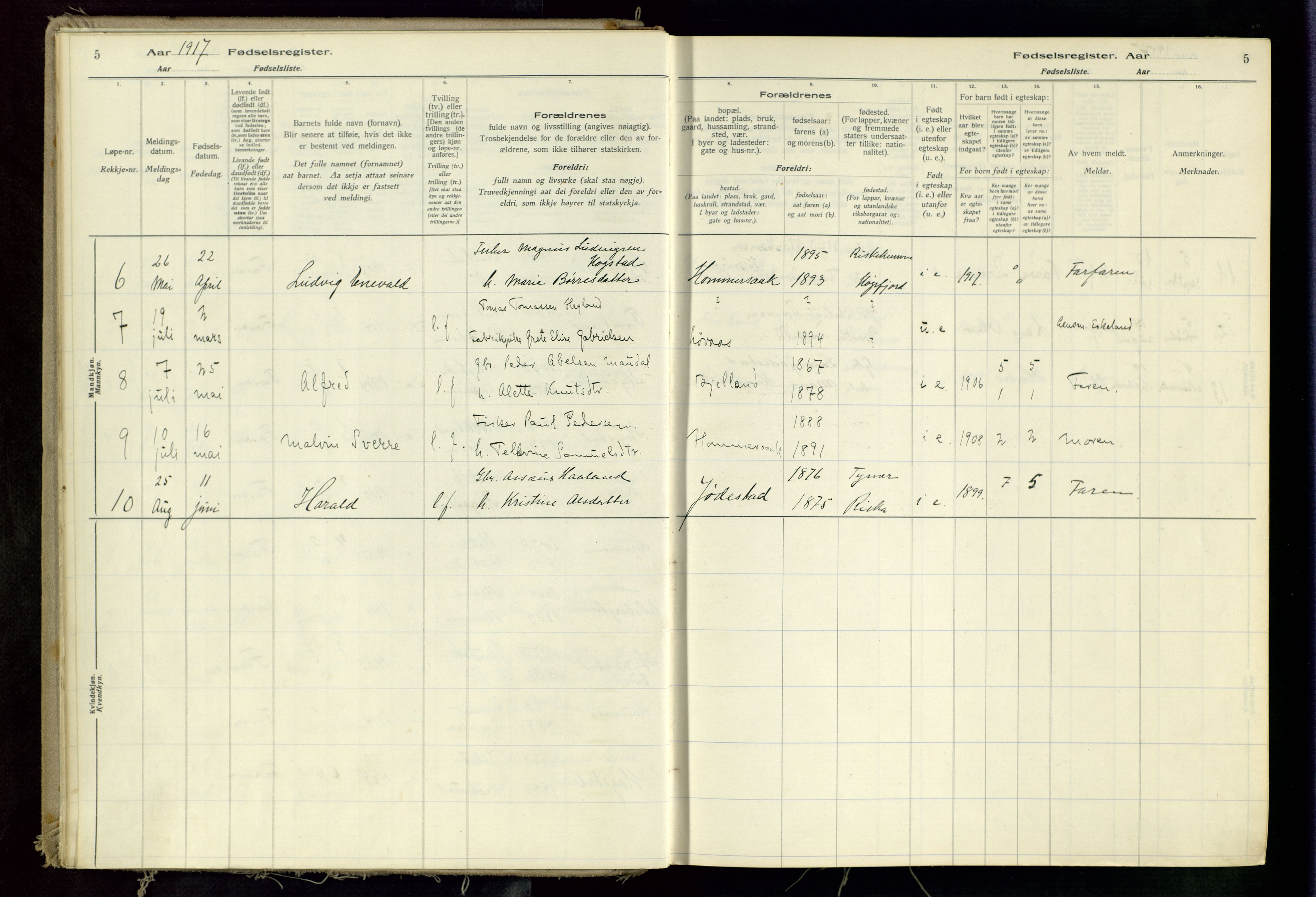 Hetland sokneprestkontor, SAST/A-101826/70/704BA/L0002: Birth register no. 2, 1916-1968, p. 5