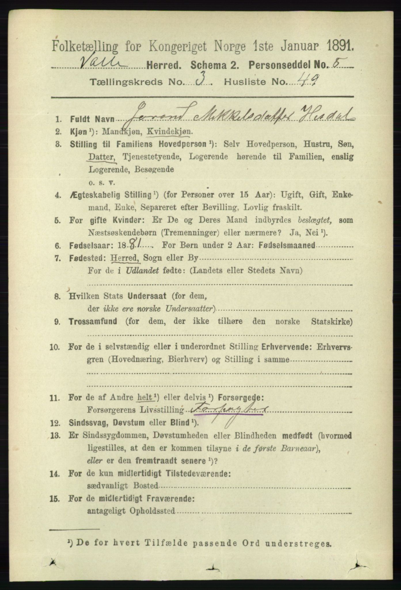 RA, 1891 census for 0940 Valle, 1891, p. 947