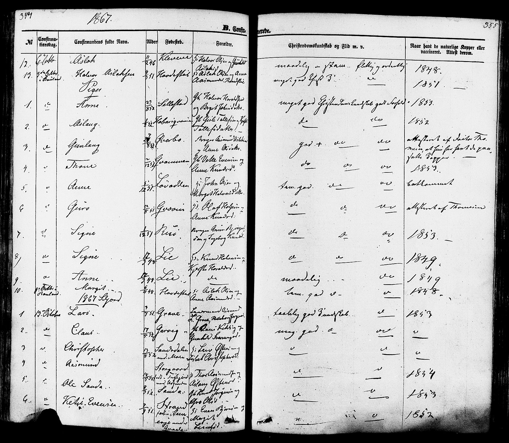 Seljord kirkebøker, SAKO/A-20/F/Fa/L0013: Parish register (official) no. I 13, 1866-1876, p. 354-355